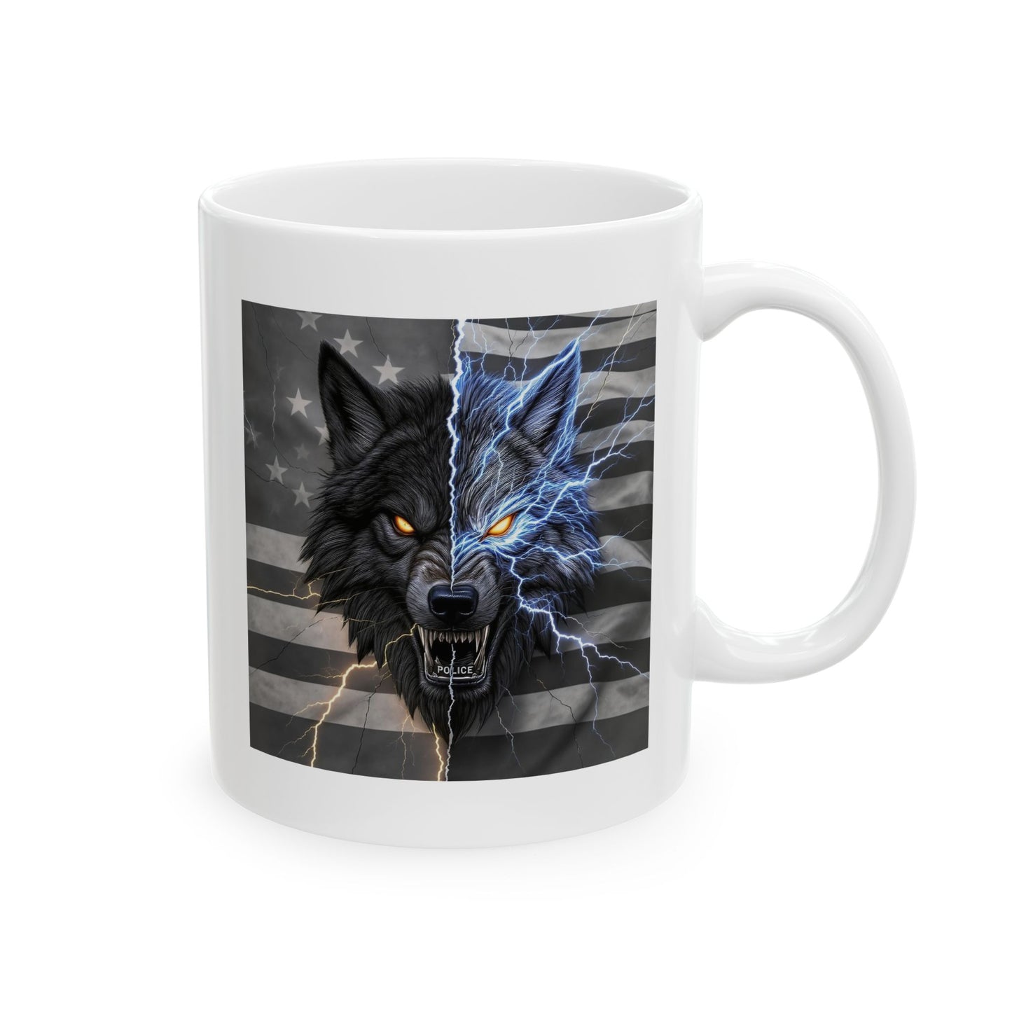 Alpha Duty Police Mug – Storm Response Series – 11oz Black Ceramic Mug with Double-Sided Wolf Badge and Lightning Design – Lair Gadgets Law Enforcement Gift