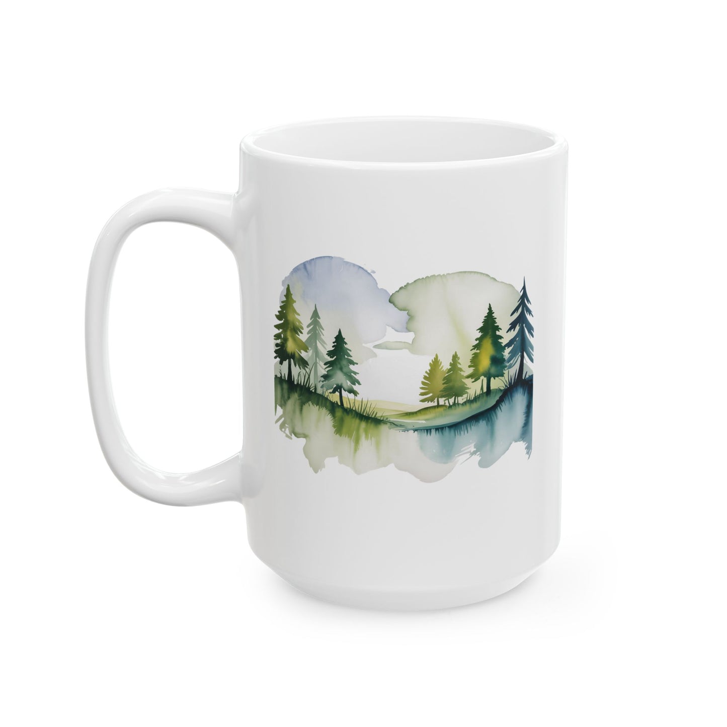 Nature Coffee Mug with Forest Landscape Design, Watercolor Art Style, 15 oz White Ceramic Mug for Calm Mornings and Relaxing Moments — by Lair Gadgets