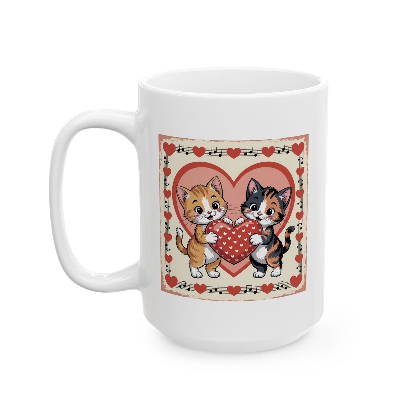Valentine Coffee Mug with Cute Kittens Holding Heart Design, 15 oz White Ceramic Coffee Mug, Retro Cat Lover Gift Mug — Cute Kittens Holding Heart