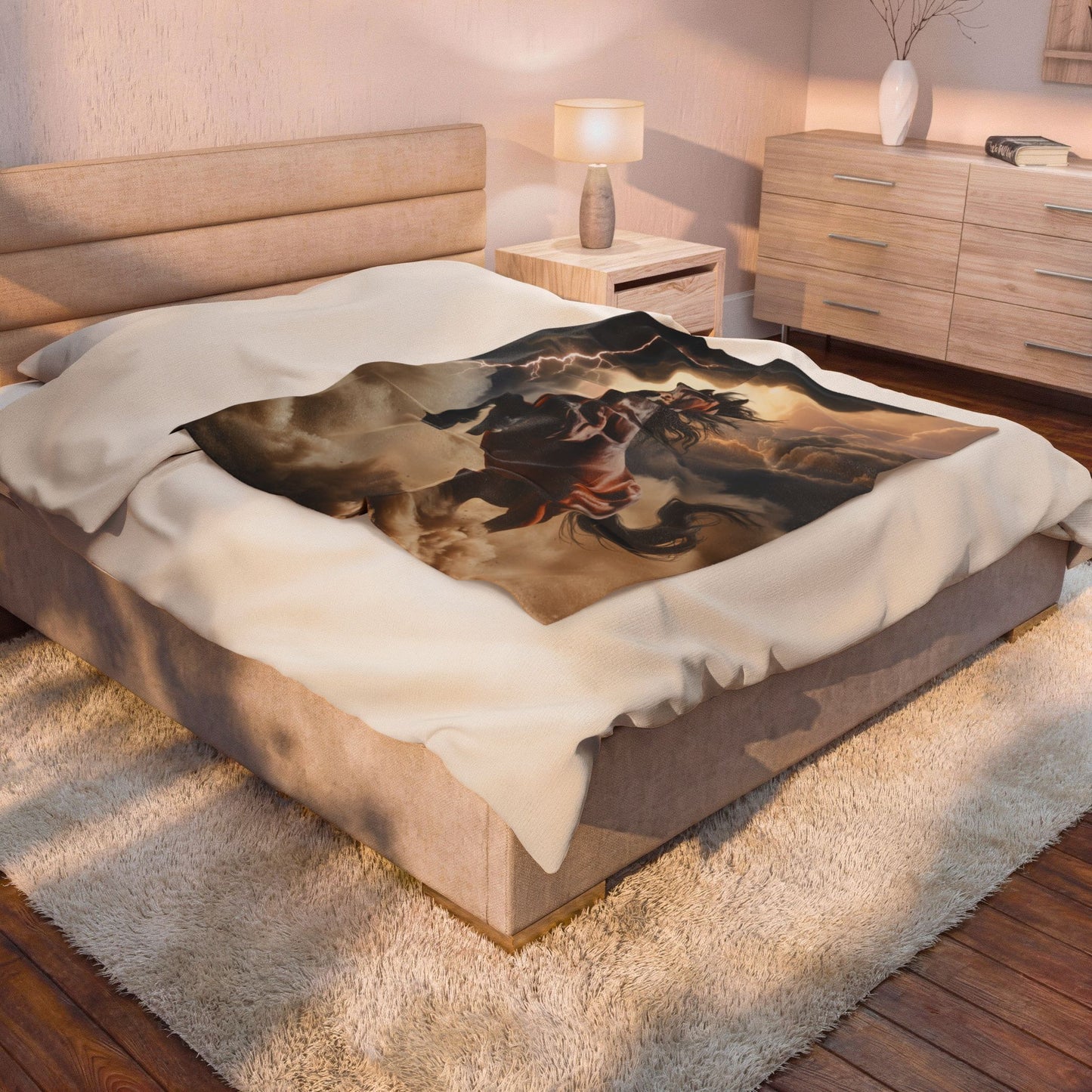 Velveteen Plush Blanket – Untamed Storm Horse –Soft Fleece Throw – Bold Western Lightning Horse Design – Cozy Couch Bed Blanket – by Lair Gadgets