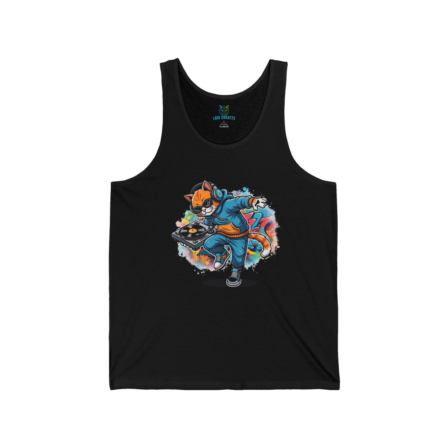 DJ Cat Jersey Tank, Cool Kitten with Turntable, Unique Music Lover Gift, Stylish Cat Graphic Tank, Funny Animal Tee, Party Tank, DJ Lover