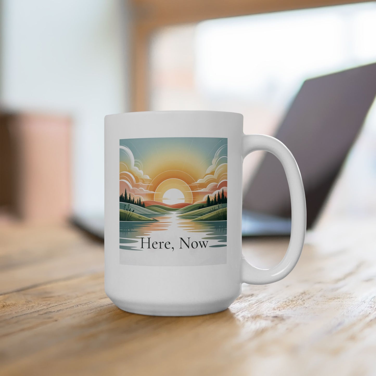 Scenic Sunrise Lake Ceramic Mug — Retro Nature Coffee Cup (11oz & 15oz)
