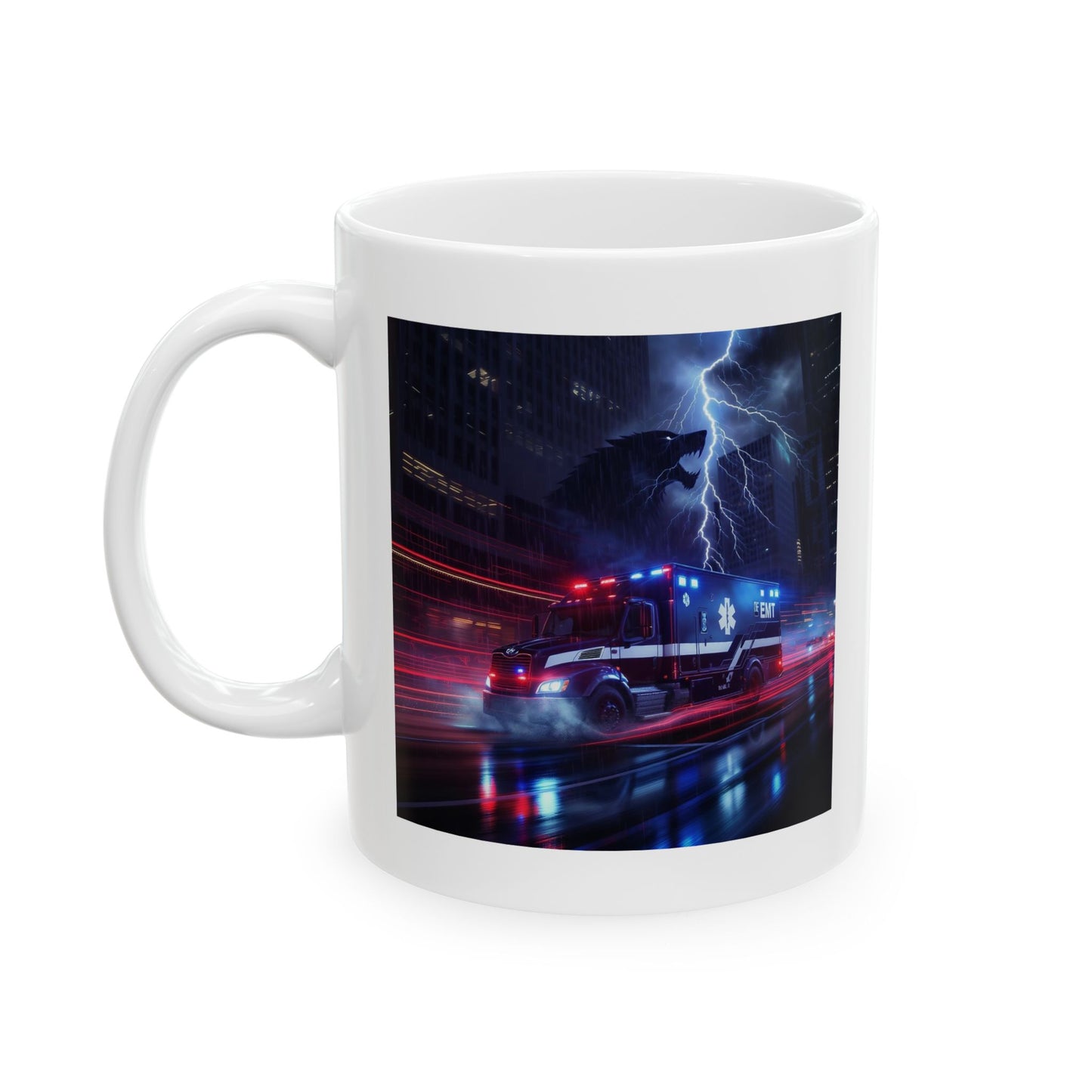 Code Alpha EMT Mug – Storm Response Series – 11oz Black Ceramic Mug with Double-Sided Lightning Wolf and Ambulance Design – Lair Gadgets First Responder Gift