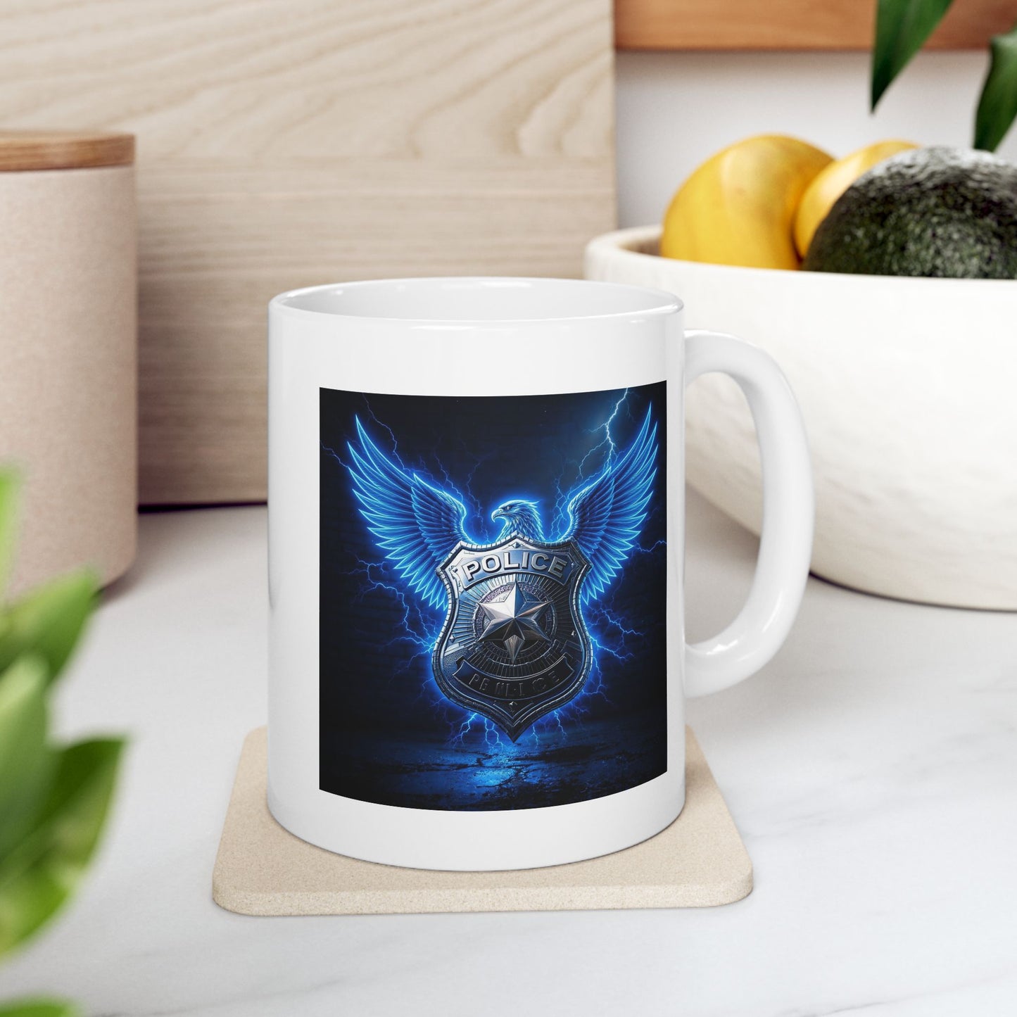 Shield of the Streets Police Mug – Storm Response Series – 11oz Black Ceramic Mug with Double-Sided Electric Badge and Wing Design – Lair Gadgets Law Enforcement Gift