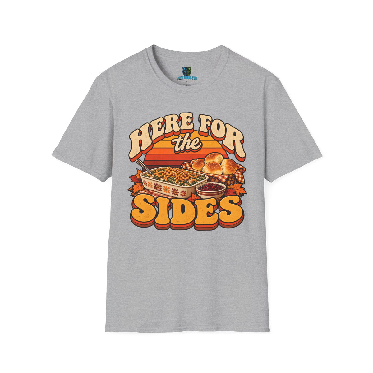 Sport grey unisex Thanksgiving t-shirt with retro side dishes graphic and groovy lettering