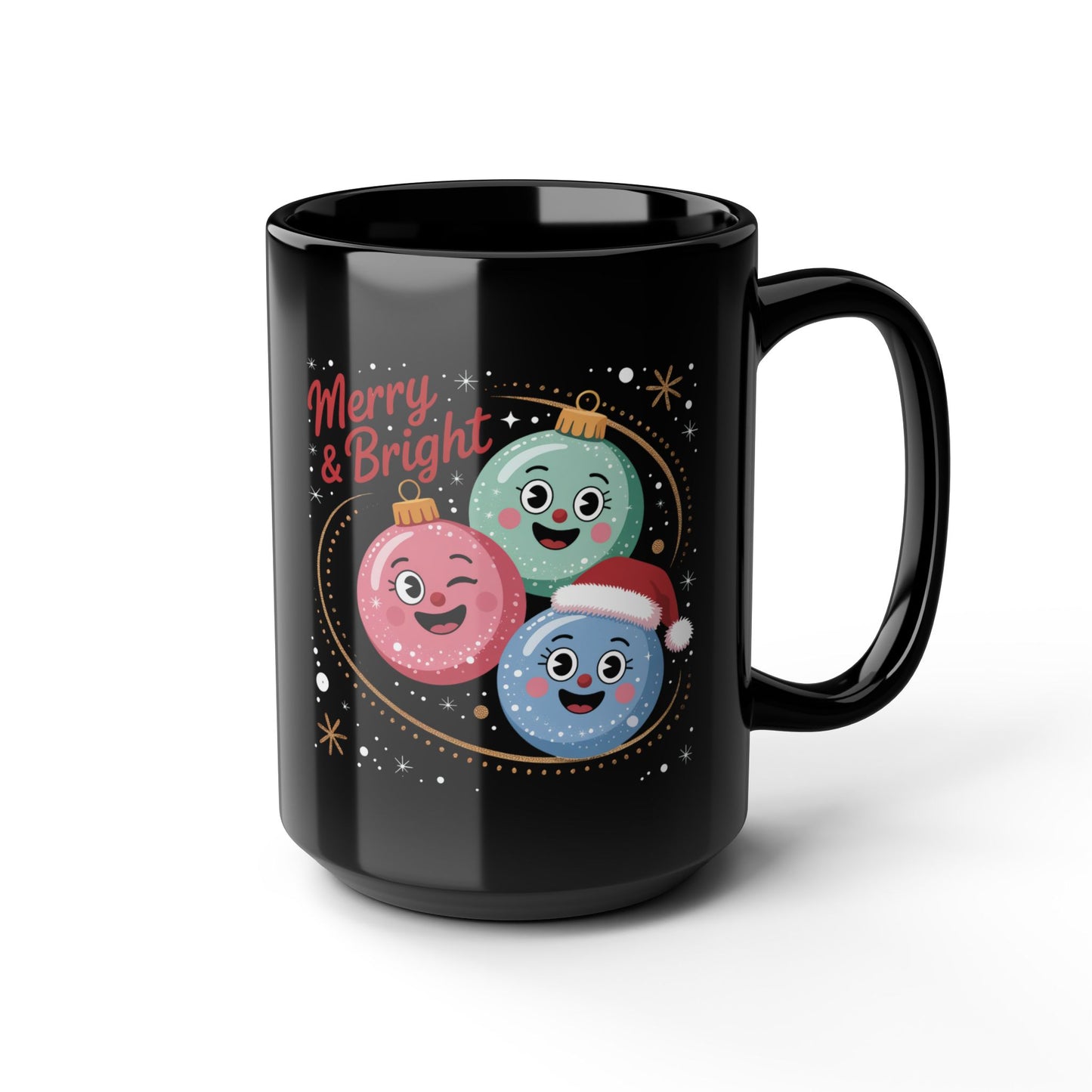 Merry & Bright Ornament Mug by Lair Gadgets – 15 oz Black Ceramic Coffee Cup with Festive Holiday Bauble Design