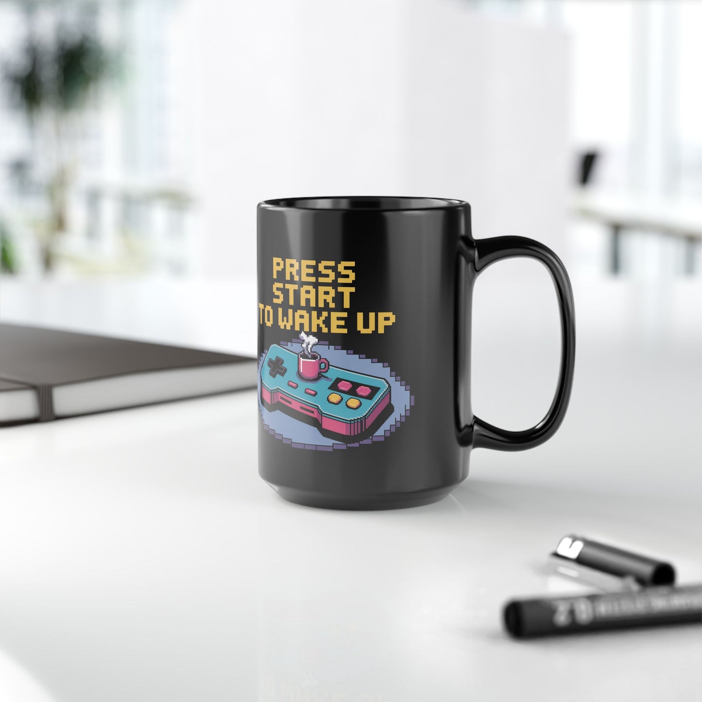 Retro Gamer Coffee Mug - Press Start to Wake Up, Gaming Gift, Video Game Mug, Gift for Gamers, 8-Bit Design