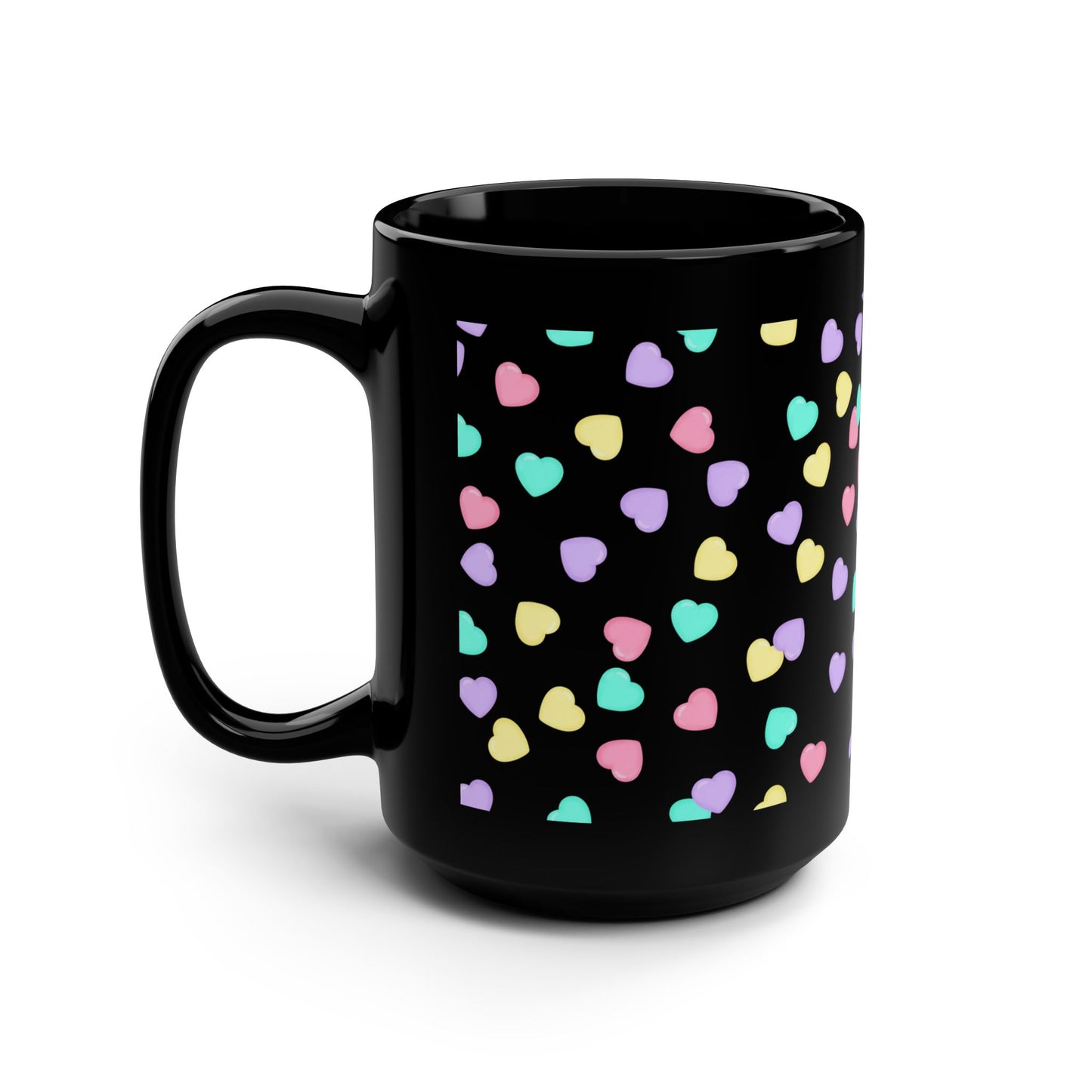 15oz Black Mug — Pastel Heart Pattern Coffee Cup -Score 81
