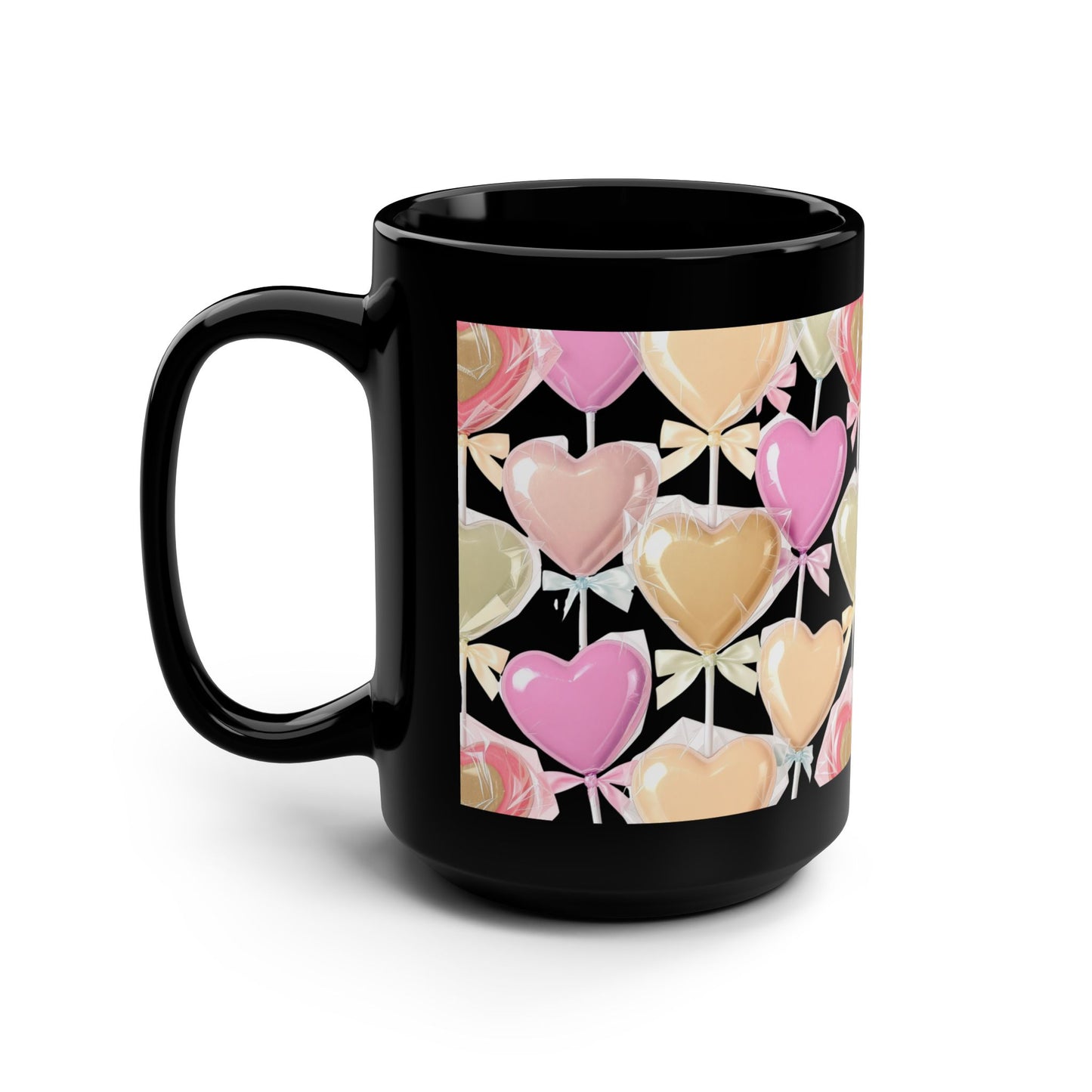 Heart Lollipop Pattern Black 15oz Mug — Score 90