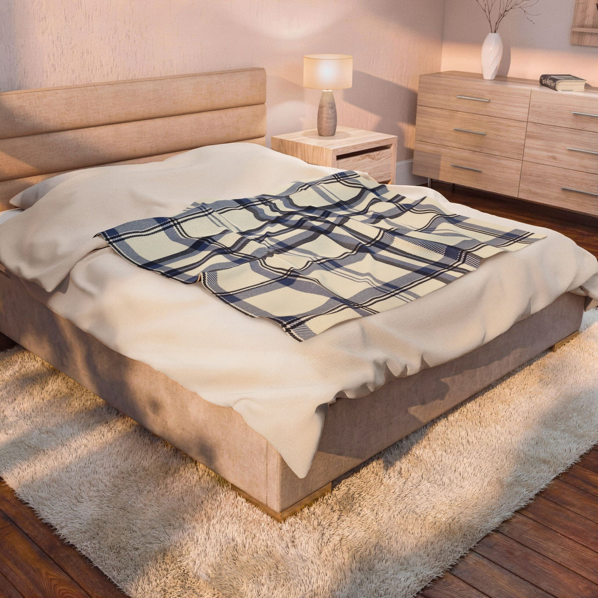 Blue Plaid Plush Throw Blanket – Navy Velveteen Throw, 50 x 60 in