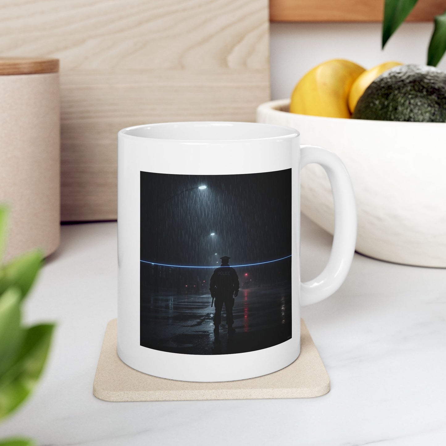 Silent Watch Police Mug – Storm Response Series – 11oz Black Ceramic Mug with Double-Sided Rain Silhouette and Thin Blue Line Art – Lair Gadgets Law Enforcement Gift