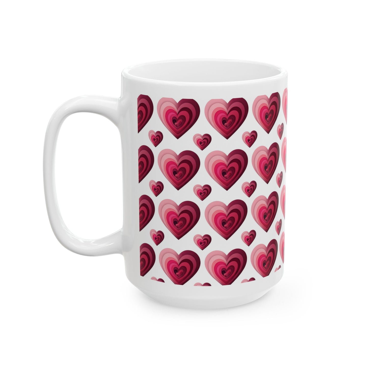 Heart Pattern Ceramic Mug – Pink & Red Hearts 15oz- Score 87
