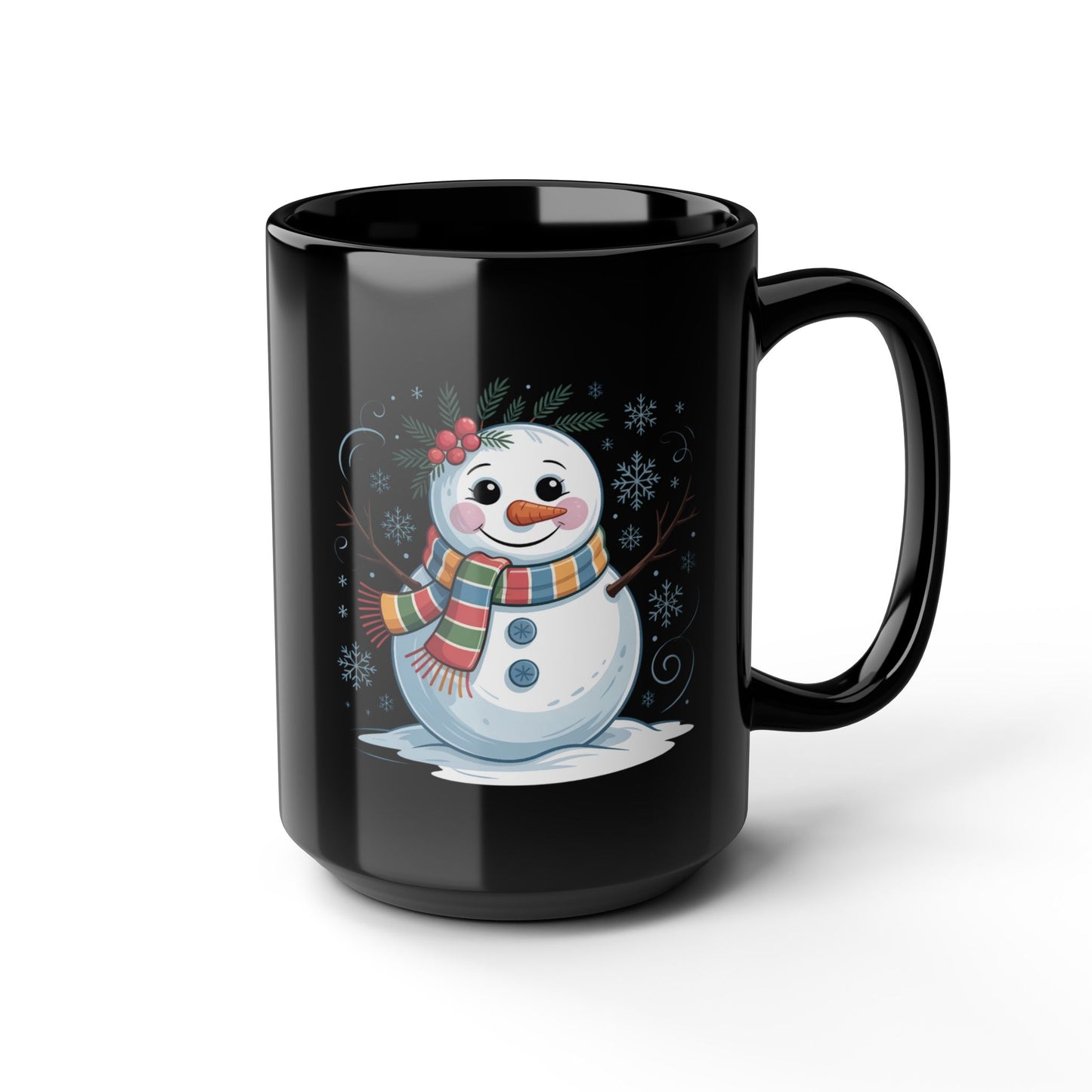 Holly Frost Snowman Mug by Lair Gadgets – 15 oz Black Ceramic Coffee Cup with Festive Holiday Snowman and Scarf Design