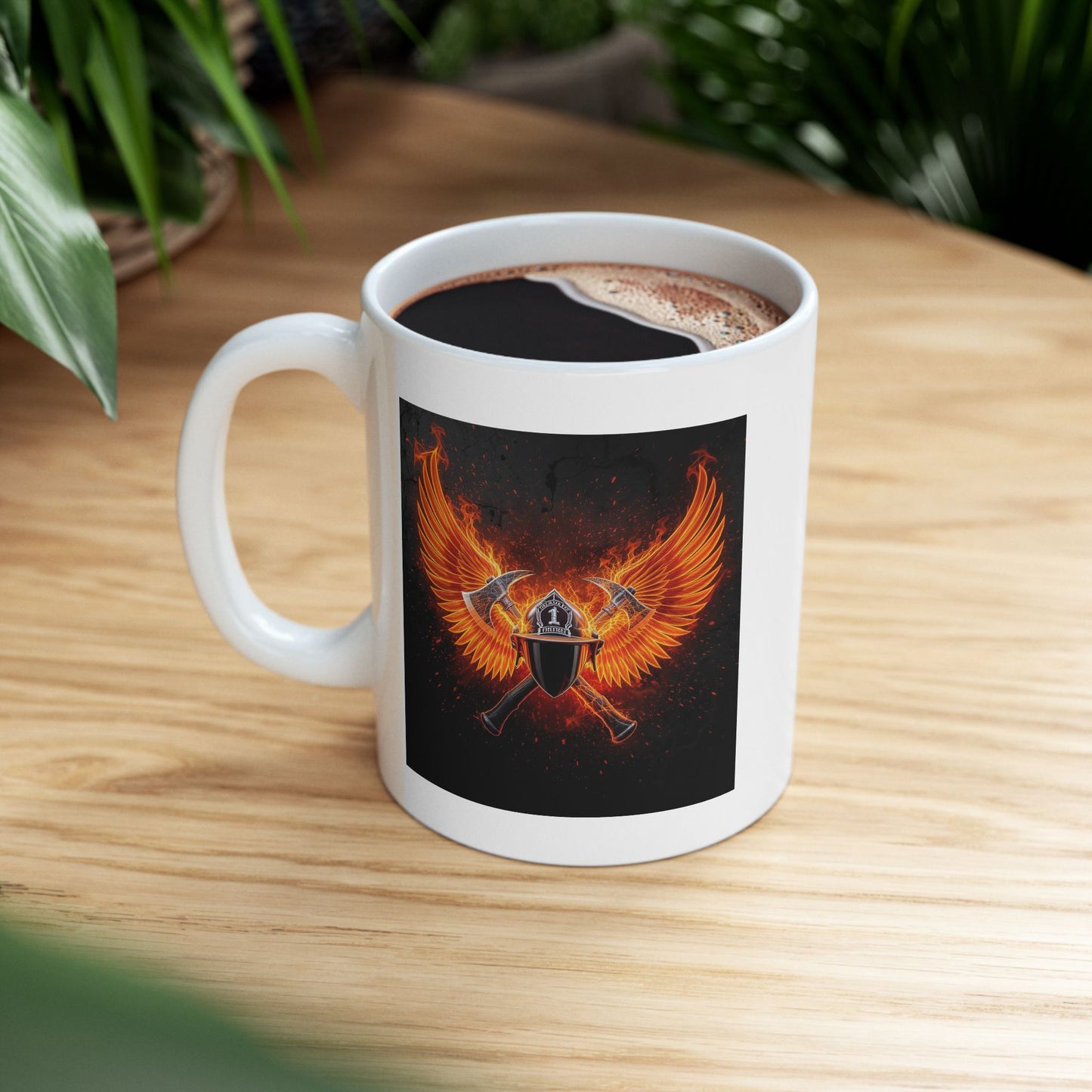 Forged in Flame Firefighter Mug – Storm Response Series – 11oz Black Ceramic Mug with Double-Sided Fire Helmet and Axe Wing Design – Lair Gadgets First Responder Gift
