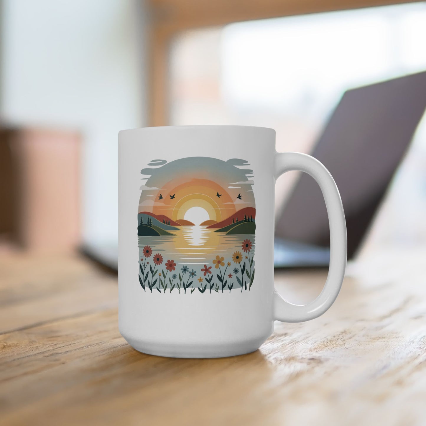 Sunrise Landscape Ceramic Coffee Mug 15 oz – Calm Nature Illustration for Mindfulness, Therapy Office, and Daily Self Care Rituals by Lair Gadgets