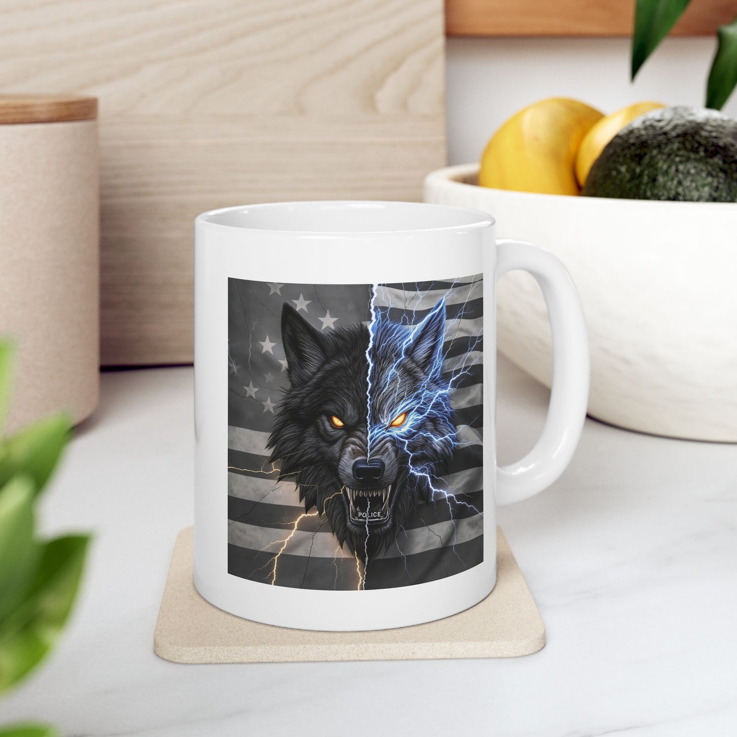 Alpha Duty Police Mug – Storm Response Series – 11oz Black Ceramic Mug with Double-Sided Wolf Badge and Lightning Design – Lair Gadgets Law Enforcement Gift