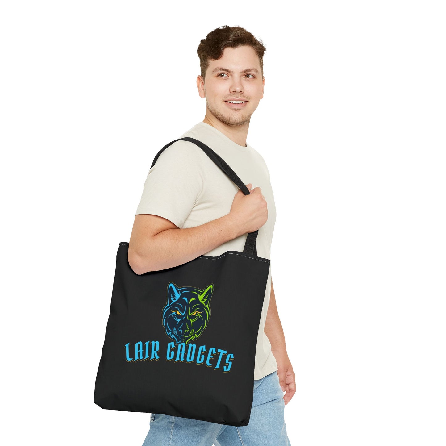 Lair Gadgets Tote Bag - Stylish Black Canvas Bag with Wolf Design & QR Code
