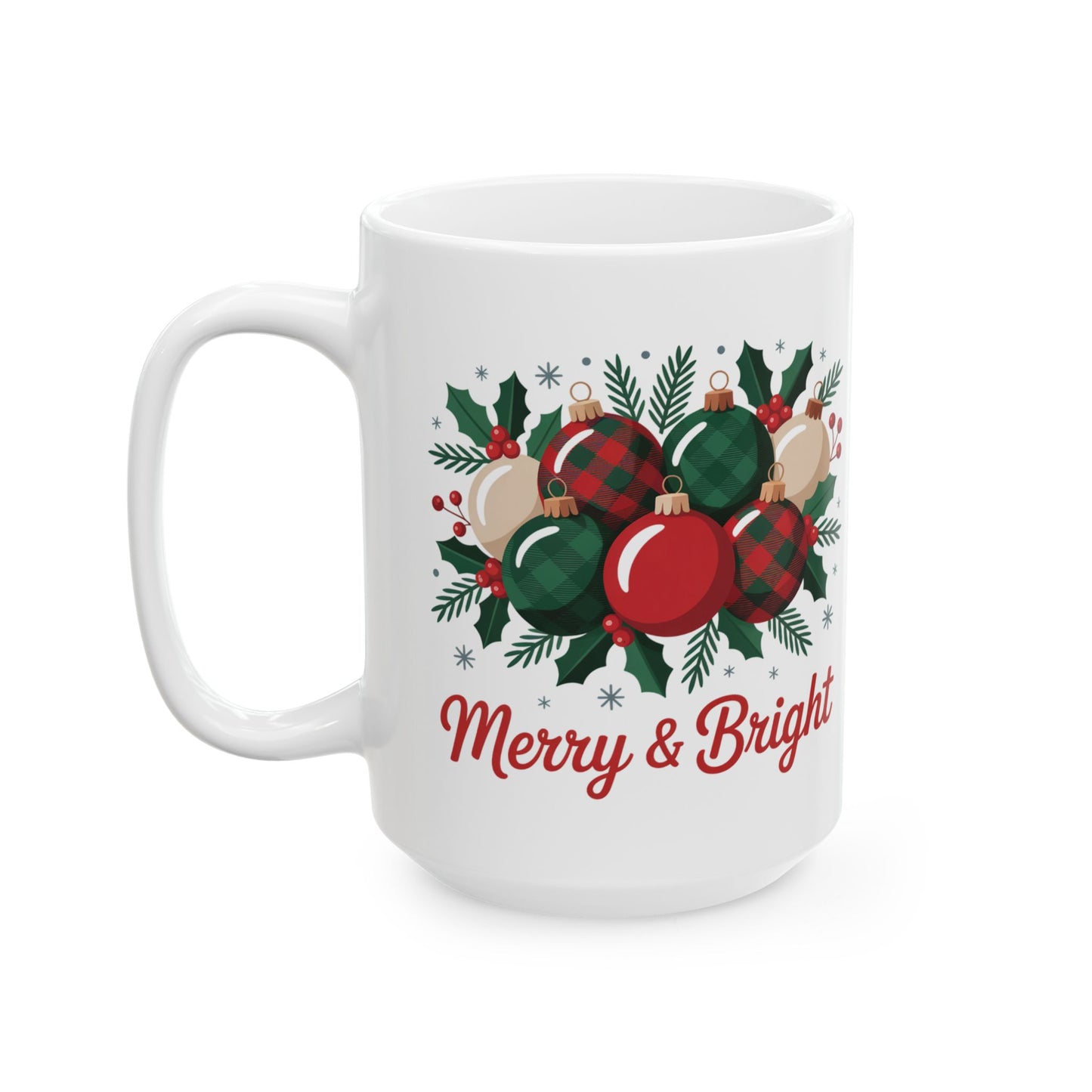 Merry & Bright Holiday Mug by Lair Gadgets – 15 oz White Ceramic Coffee Cup with Christmas Ornament and Holly Design