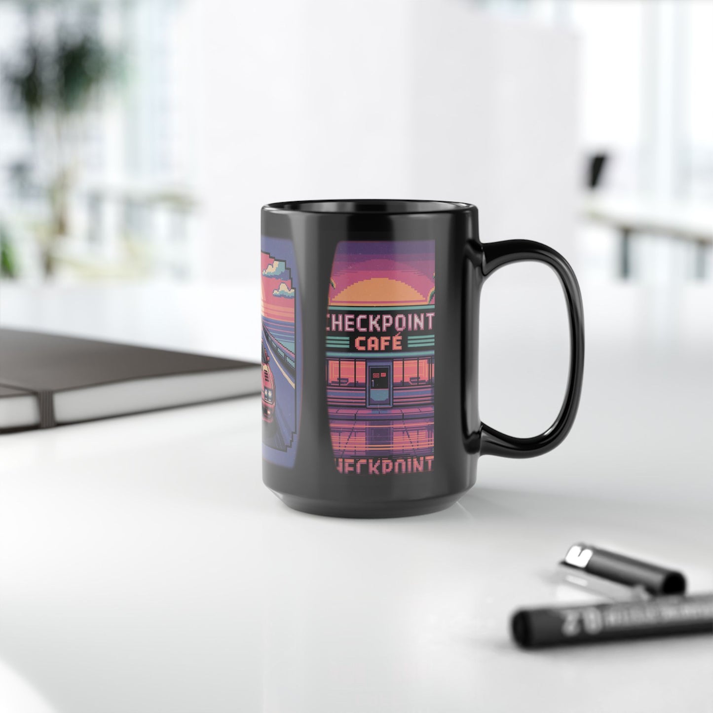 Retro Sunset Car Mug, 80s Aesthetic Coffee Cup, Vintage Car Lover Gift, Road Trip Funware, Perfect for Gamers and Nostalgia Seekers