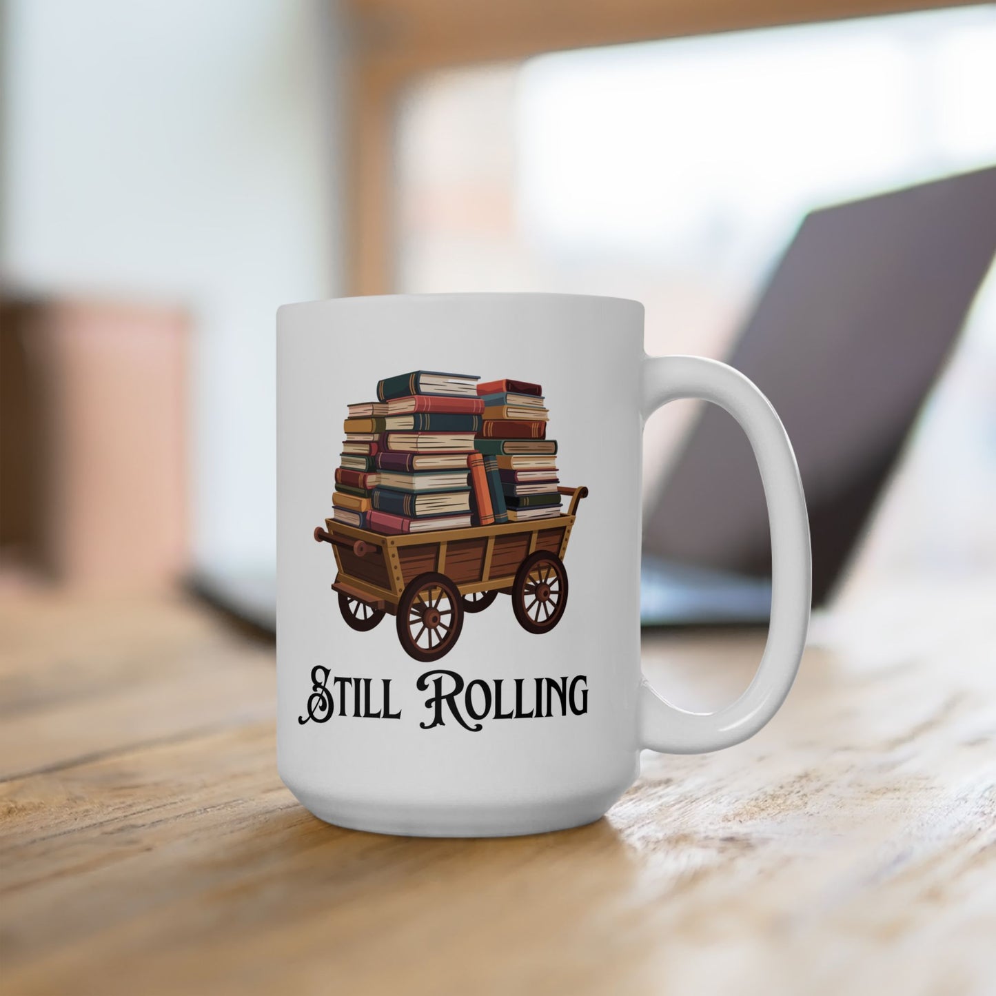 Still Rolling Book Lover Mug – Vintage Book Cart Design for Librarians & Readers, 15oz Ceramic Coffee Mug, by Lair Gadgets