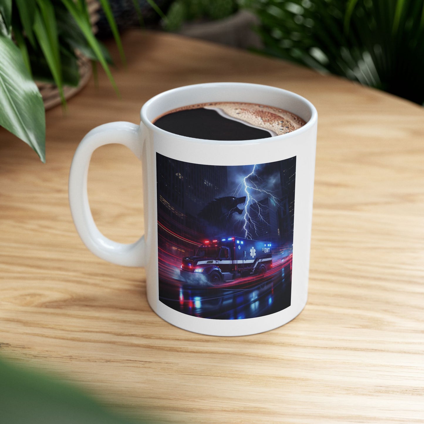 Code Alpha EMT Mug – Storm Response Series – 11oz Black Ceramic Mug with Double-Sided Lightning Wolf and Ambulance Design – Lair Gadgets First Responder Gift