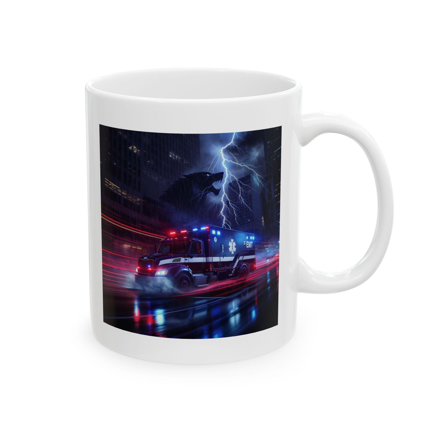 Code Alpha EMT Mug – Storm Response Series – 11oz Black Ceramic Mug with Double-Sided Lightning Wolf and Ambulance Design – Lair Gadgets First Responder Gift