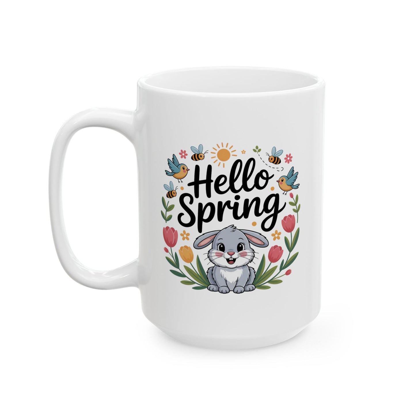 Spring Coffee Mug with Bunny and Floral Design, White Ceramic 15 oz Mug, Easter and Seasonal Drinkware by Lair Gadgets