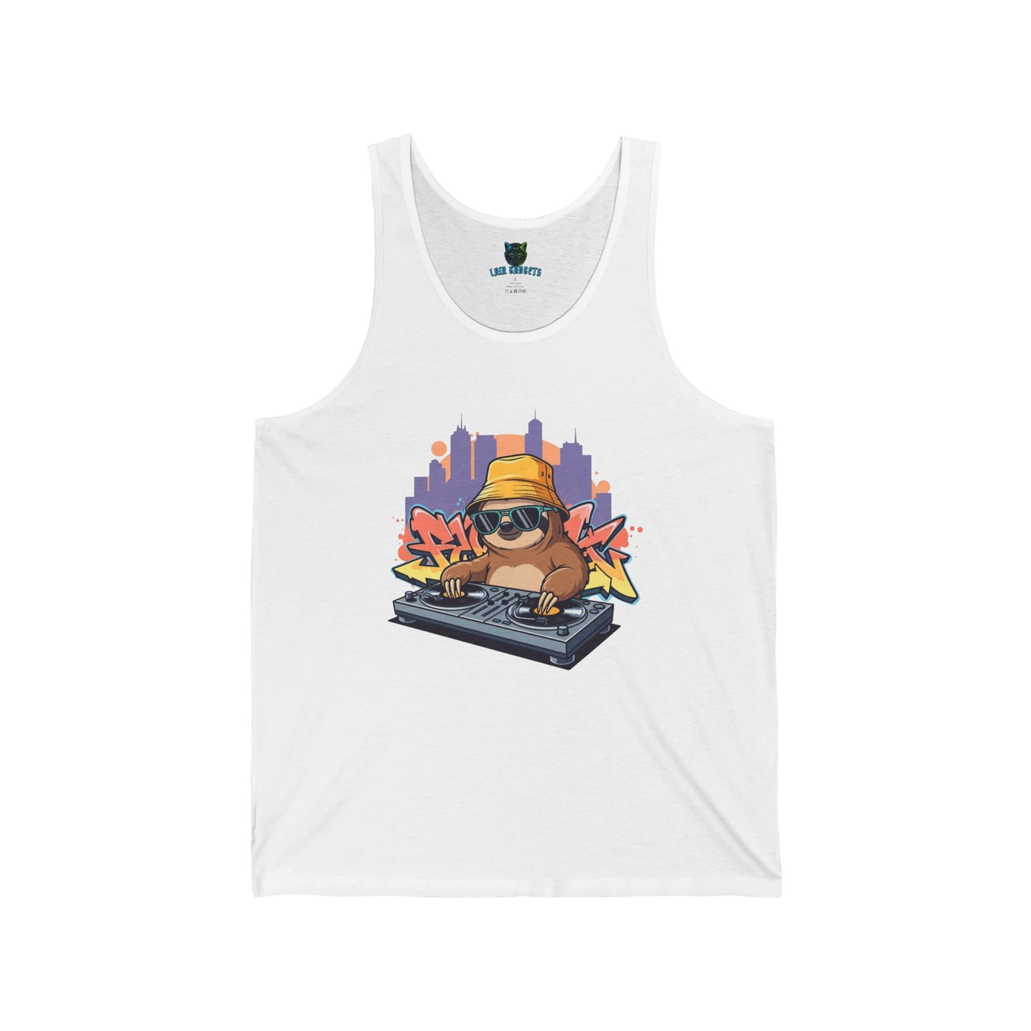DJ Sloth Unisex Jersey Tank, Funny Animal Shirt, Cool Graphic Tank, Music Lover Gift, Turntable Design, Urban Style, Graffiti Art, Cute Sloth Tank