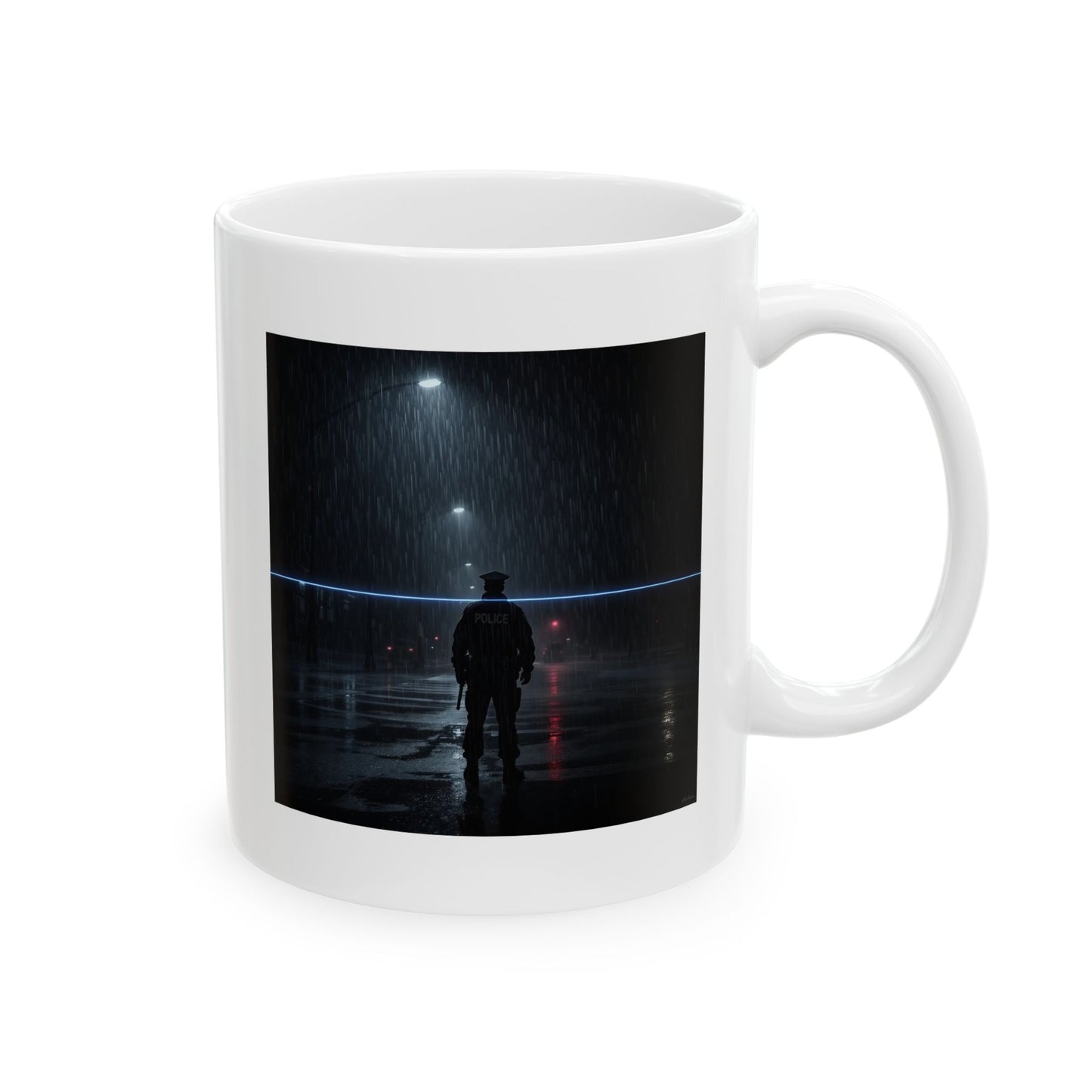 Silent Watch Police Mug – Storm Response Series – 11oz Black Ceramic Mug with Double-Sided Rain Silhouette and Thin Blue Line Art – Lair Gadgets Law Enforcement Gift