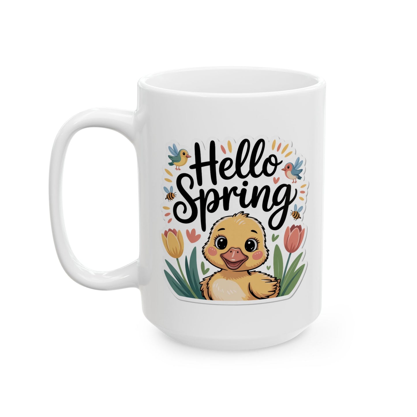 Spring Coffee Mug with Duckling and Floral Design, White Ceramic 15 oz Mug, Easter and Seasonal Drinkware- B0GKD2GRXY