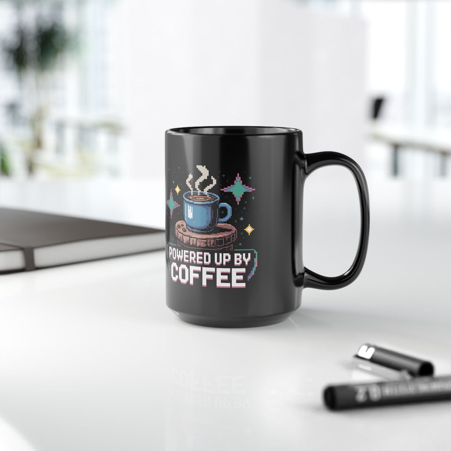 Coffee Lover's Black Mug, Powered Up by Coffee, Gift for Coffee Enthusiasts, Cozy Vibes, Fun Home Office Decor, Birthday Gift