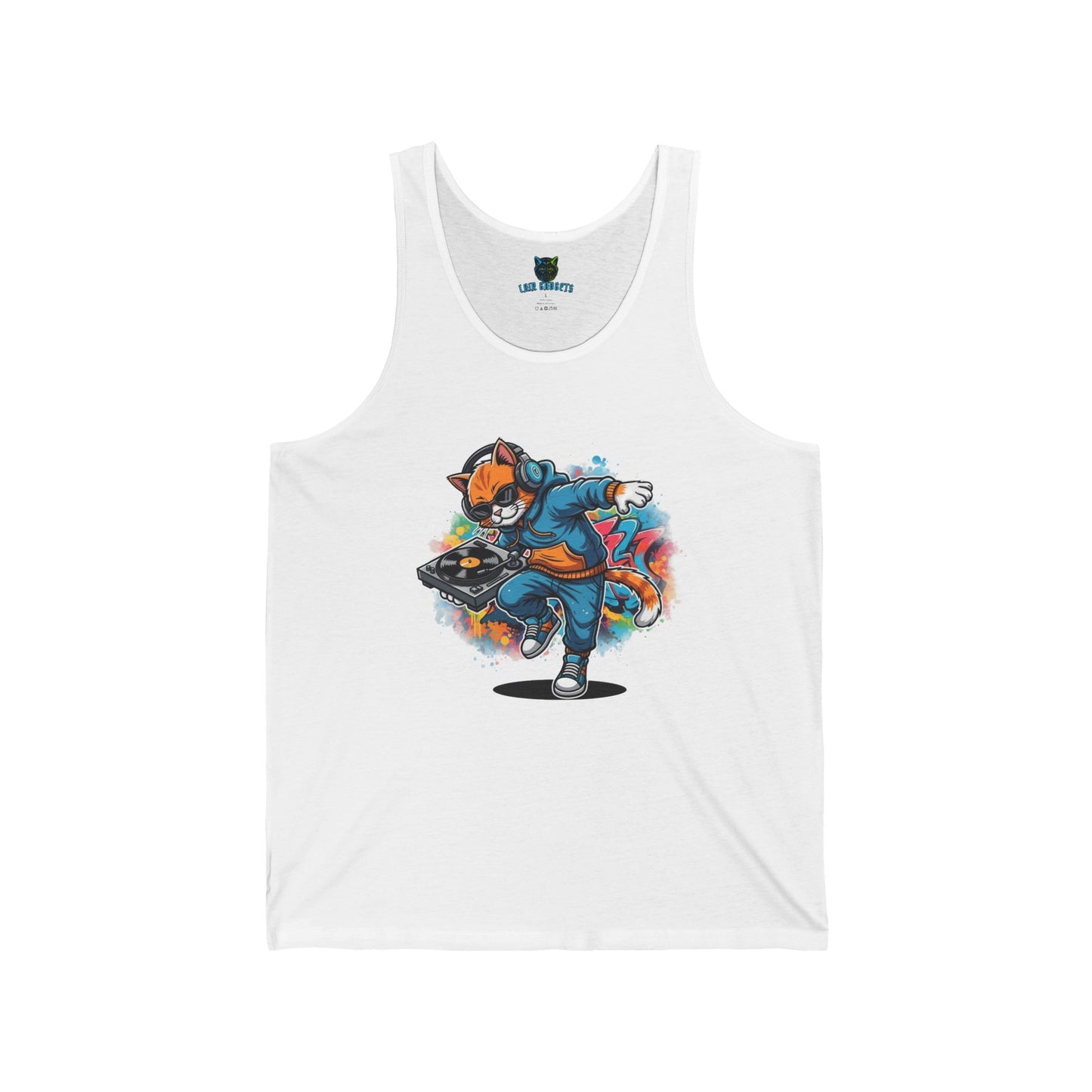 DJ Cat Jersey Tank, Cool Kitten with Turntable, Unique Music Lover Gift, Stylish Cat Graphic Tank, Funny Animal Tee, Party Tank, DJ Lover