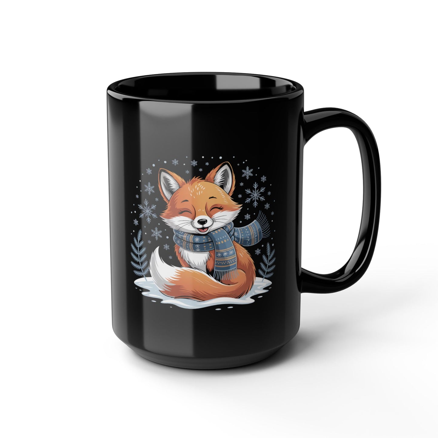Frosted Whimsy Fox Mug by Lair Gadgets – 15 oz Black Ceramic Coffee Cup with Cozy Winter Fox and Snowflake Design