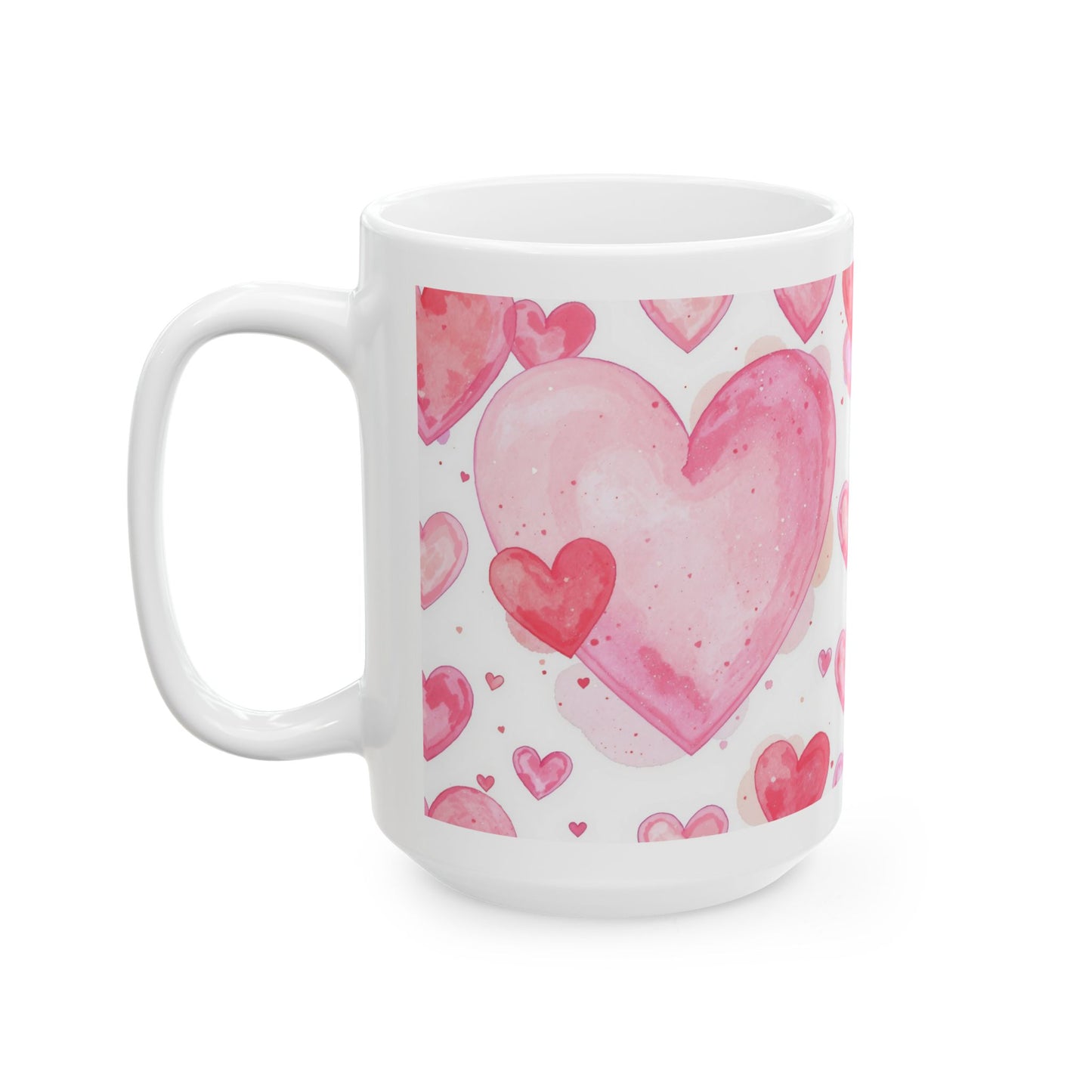 Lair Gadgets Valentine Coffee Mug with Watercolor Heart Pattern, 15 oz White Ceramic Coffee Mug, Soft Pink Romantic Heart Design Gift Mug - Sweetheart Watercolors
