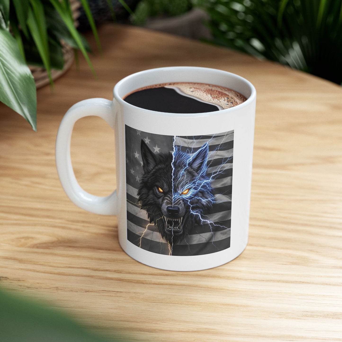 Alpha Duty Police Mug – Storm Response Series – 11oz Black Ceramic Mug with Double-Sided Wolf Badge and Lightning Design – Lair Gadgets Law Enforcement Gift