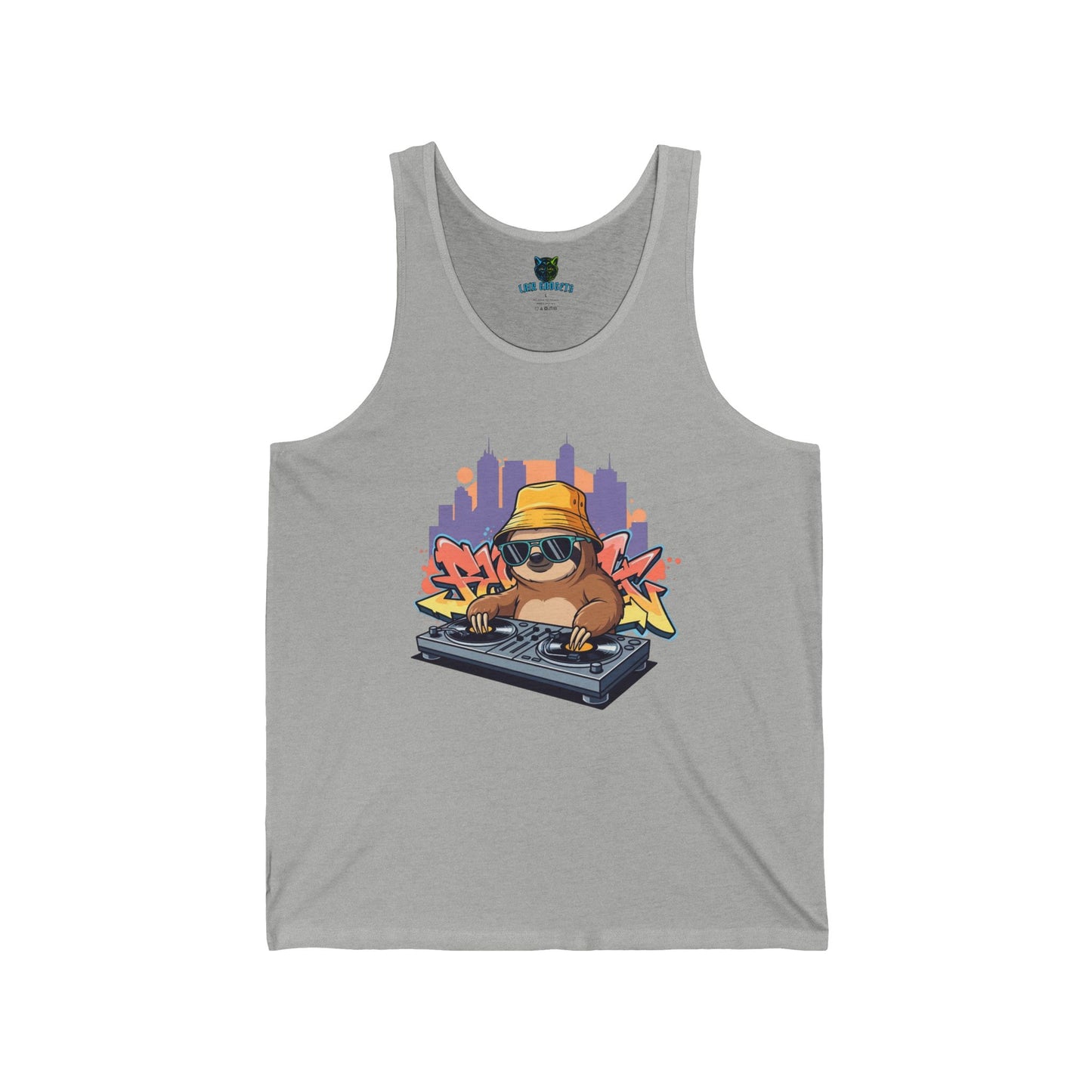 DJ Sloth Unisex Jersey Tank, Funny Animal Shirt, Cool Graphic Tank, Music Lover Gift, Turntable Design, Urban Style, Graffiti Art, Cute Sloth Tank