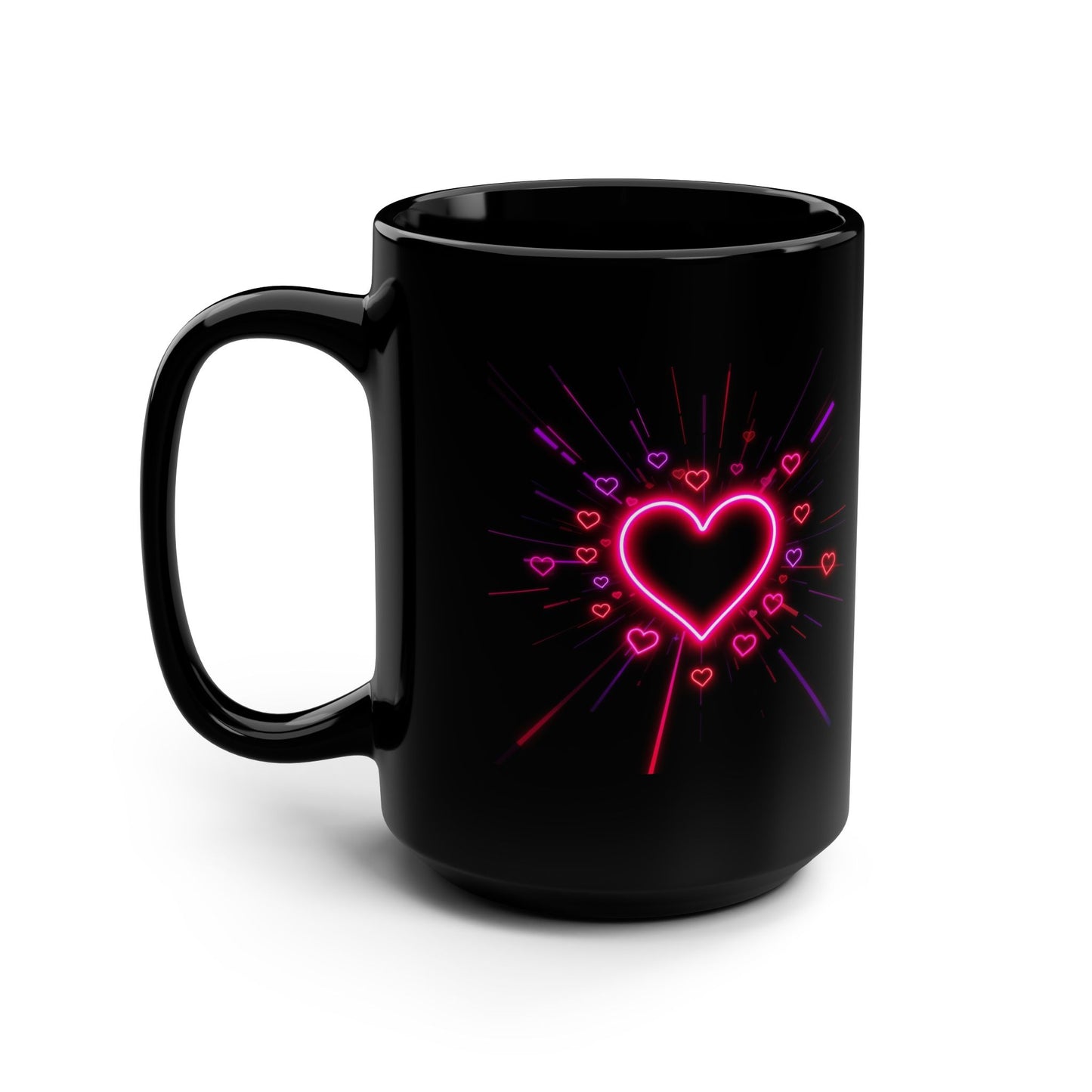Neon Heart Black Mug — 15oz Romantic Coffee Cup- Score 86