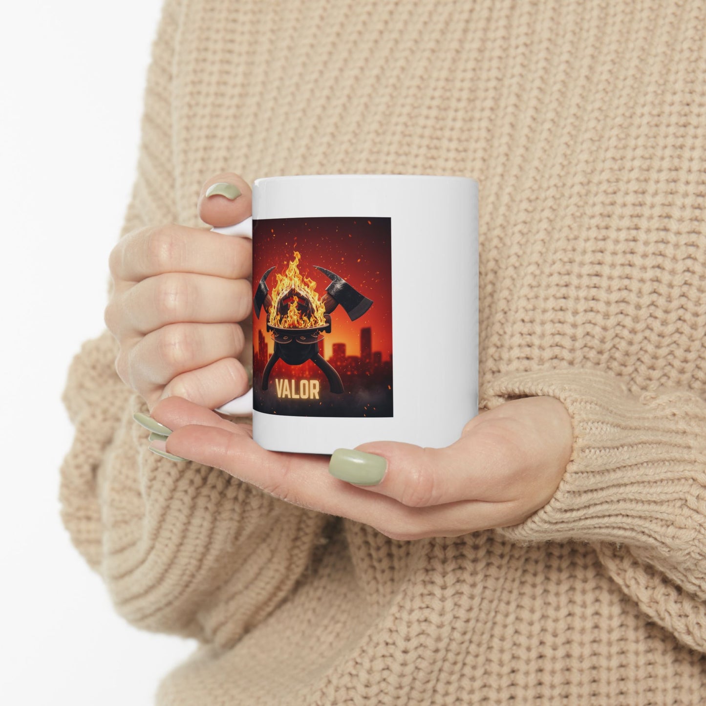 Firefighter Valor Mug, Fiery Helmet, Ax Illustration, Cityscape, Firefighter Gift, Heroic, Inspirational, Coffee Mug, Tea Cup