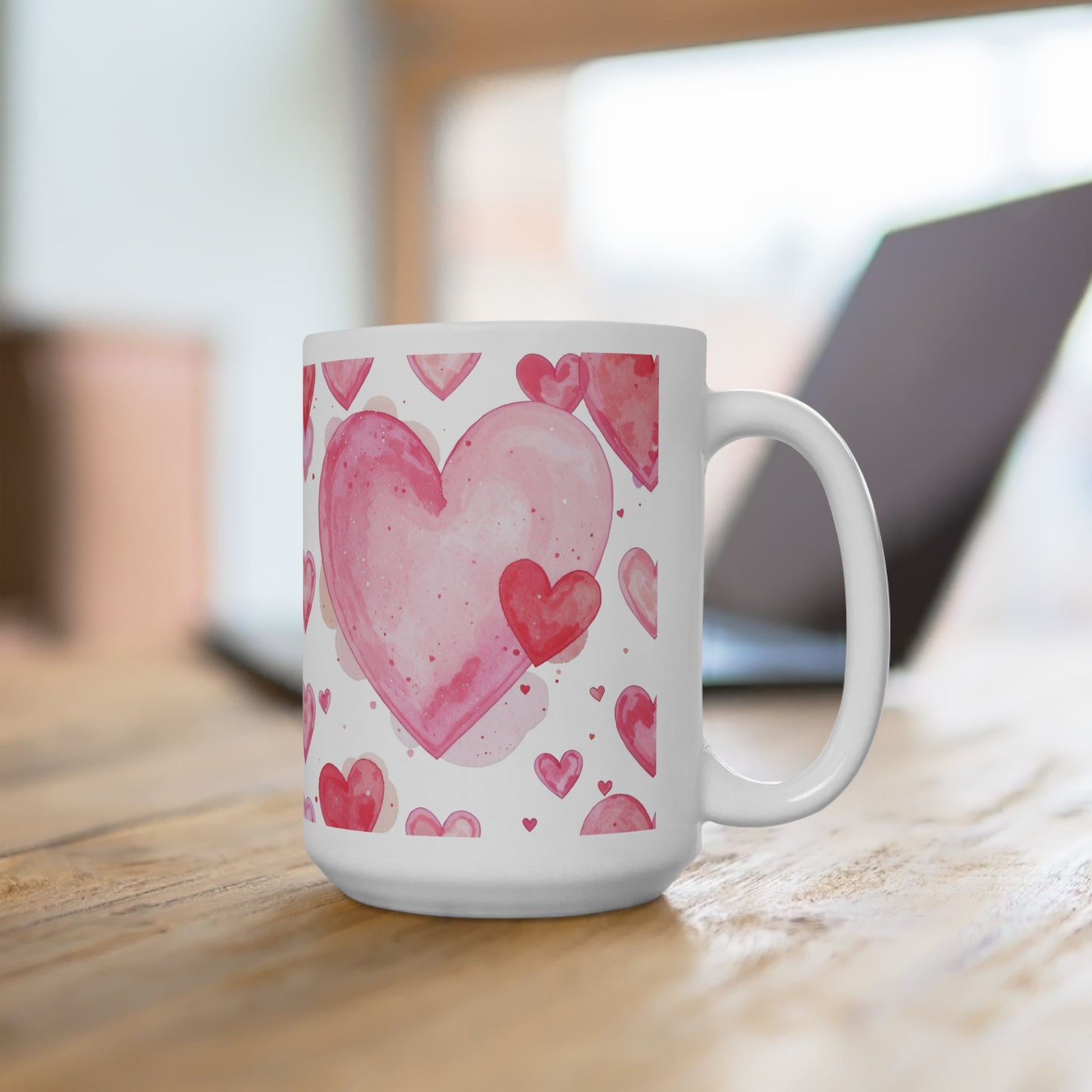Cute Pink Aesthetic Coffee Mug 15oz Watercolor Heart Design by Lair Gadgets Ceramic Mug, (15oz)
