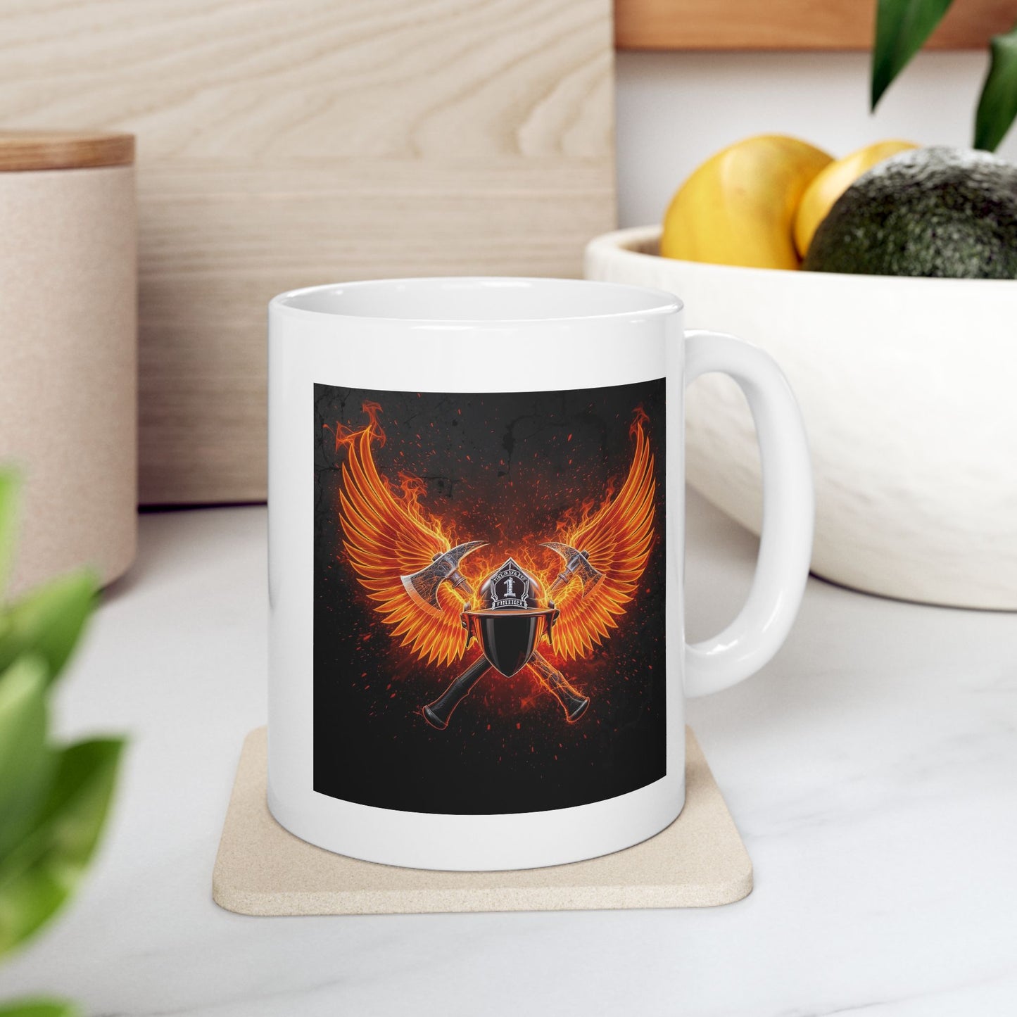 Forged in Flame Firefighter Mug – Storm Response Series – 11oz Black Ceramic Mug with Double-Sided Fire Helmet and Axe Wing Design – Lair Gadgets First Responder Gift