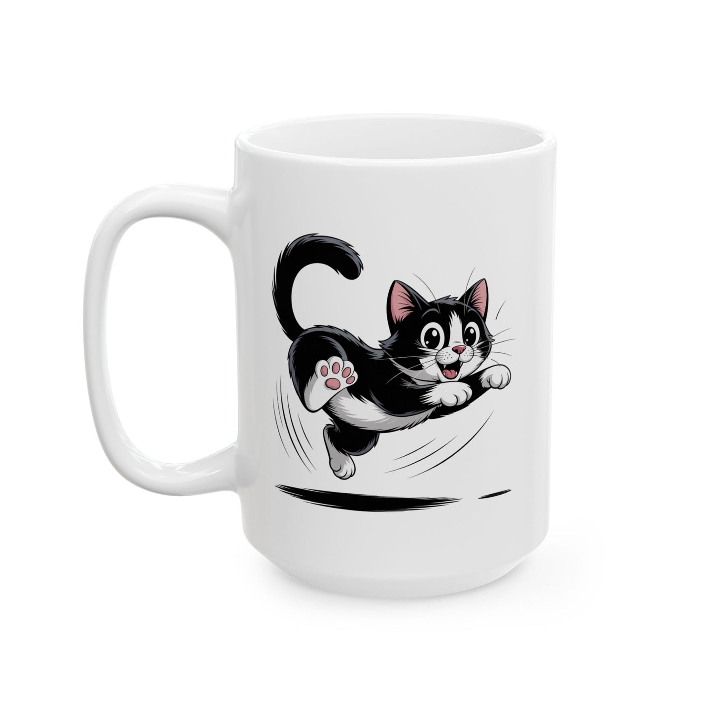 Cute Cat Coffee Mug Ceramic – Playful Jumping Tuxedo Kitten Design – Cat Lover Gift – by Lair Gadgets