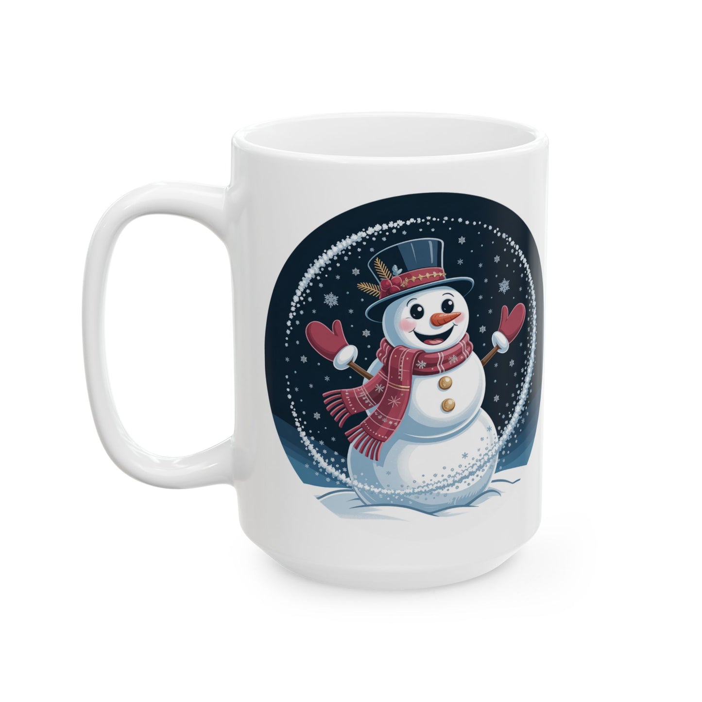 Snowy Cheer Snowman Mug by Lair Gadgets – 15 oz White Ceramic Coffee Cup with Festive Winter Scene
