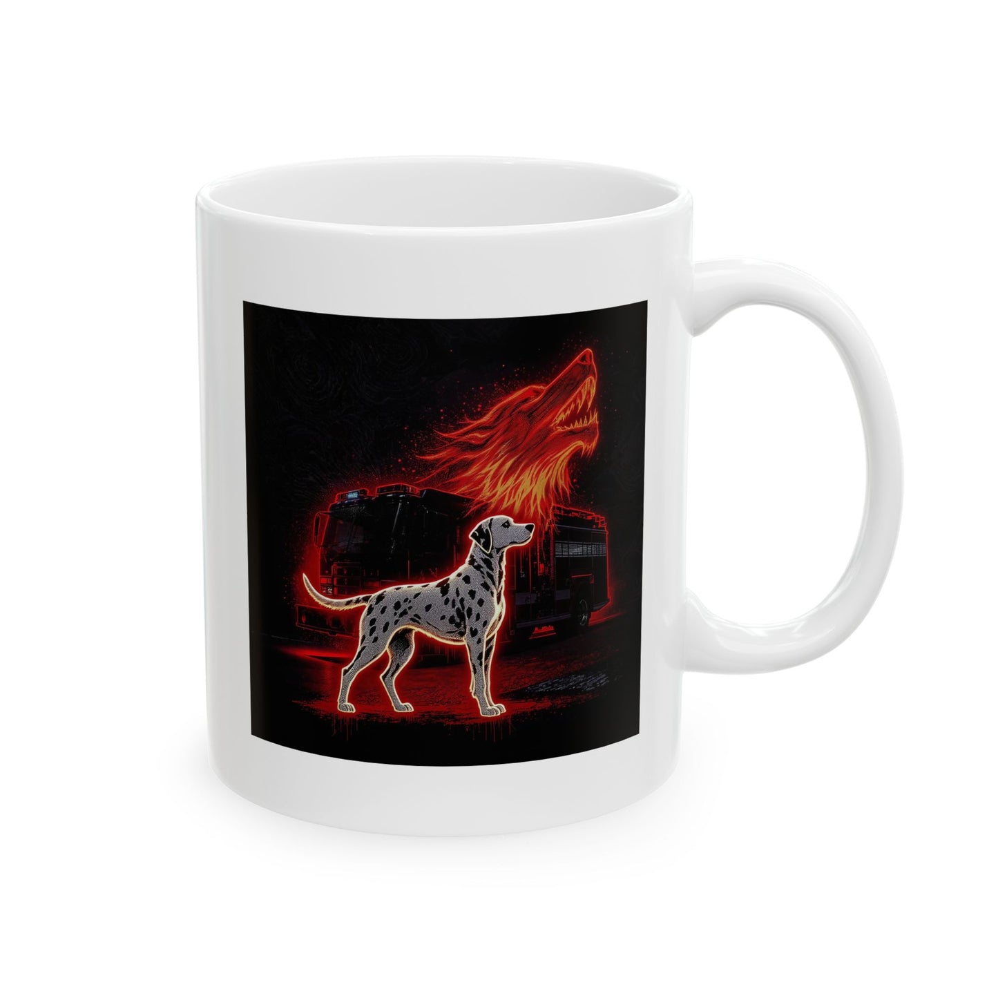 Lair Fire Crew Mug – Storm Response Series – 11oz Black Ceramic Mug with Double-Sided Dalmatian, Firetruck, and Wolf Flame Design – Lair Gadgets Firehouse Gift