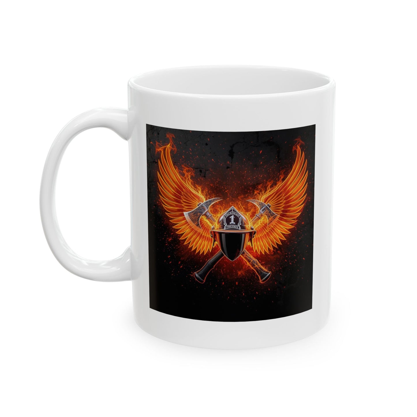 Forged in Flame Firefighter Mug – Storm Response Series – 11oz Black Ceramic Mug with Double-Sided Fire Helmet and Axe Wing Design – Lair Gadgets First Responder Gift