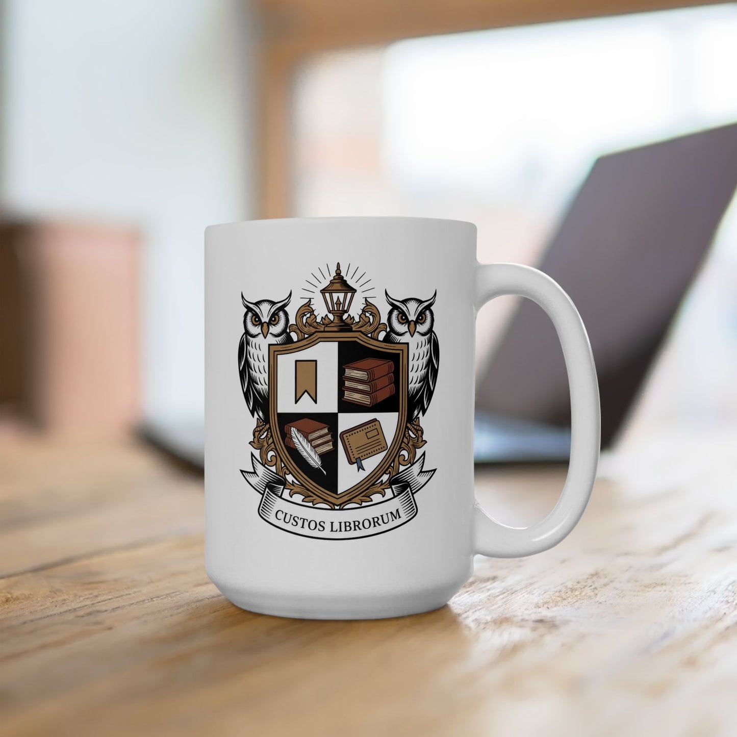 Custos Librorum Librarian Crest Mug 15oz – Ceramic Coffee Mug for Librarians and Book Lovers – Latin “Guardian of Books” Owl Shield Design by Lair Gadgets