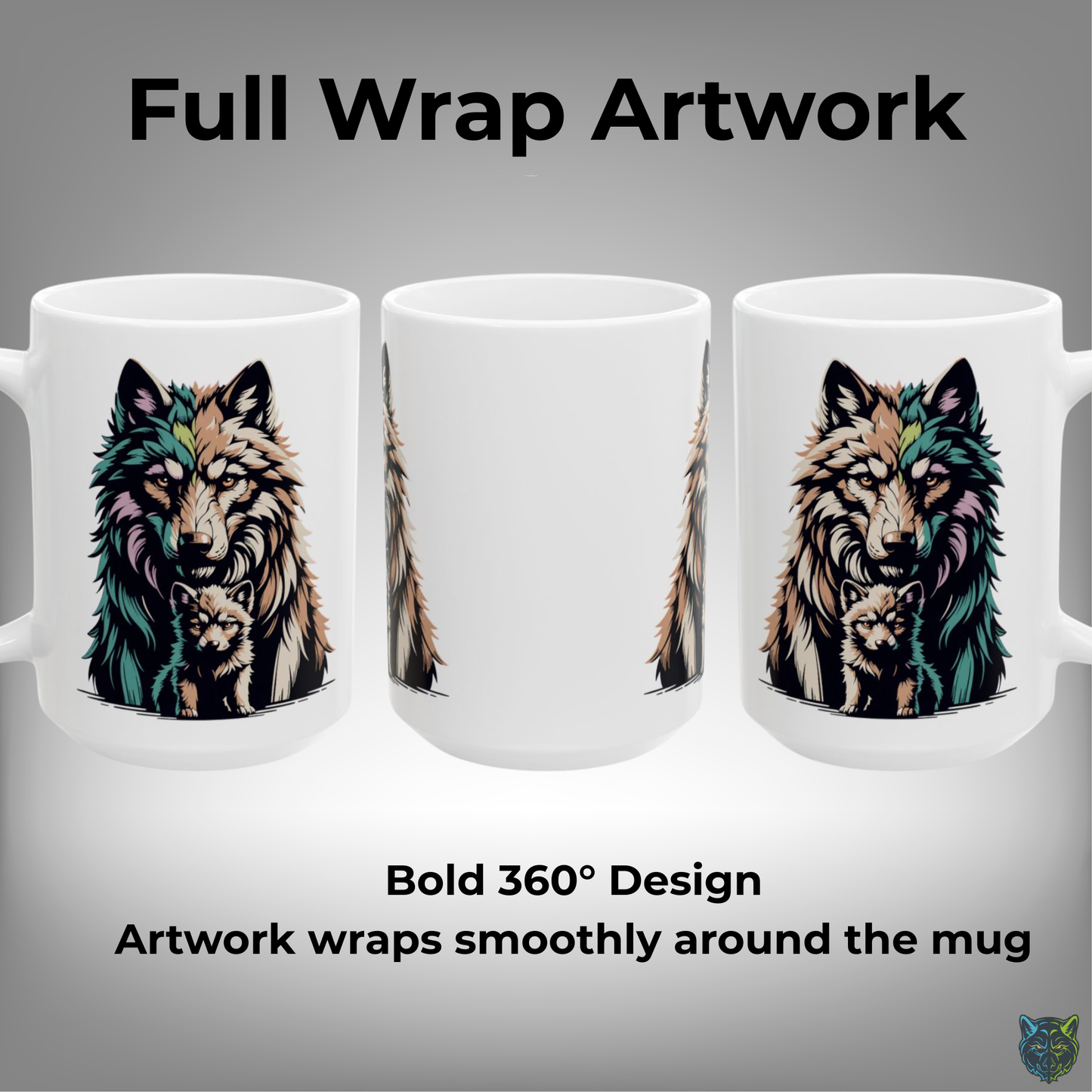 Wolf Coffee Mug Colorful Wolf and Pup White Ceramic Coffee Mug 15oz Animal Gift by Lair Gadgets