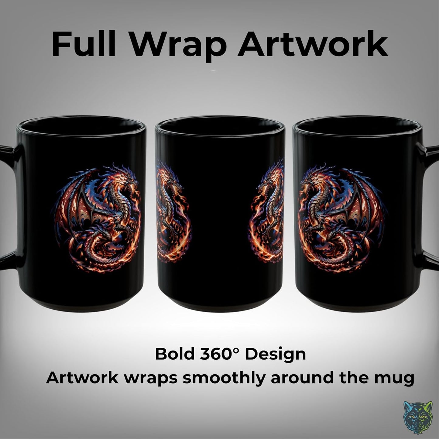 Dragon Coffee Mug Fire Dragon Fantasy Design Black Ceramic 15oz Coffee Mug