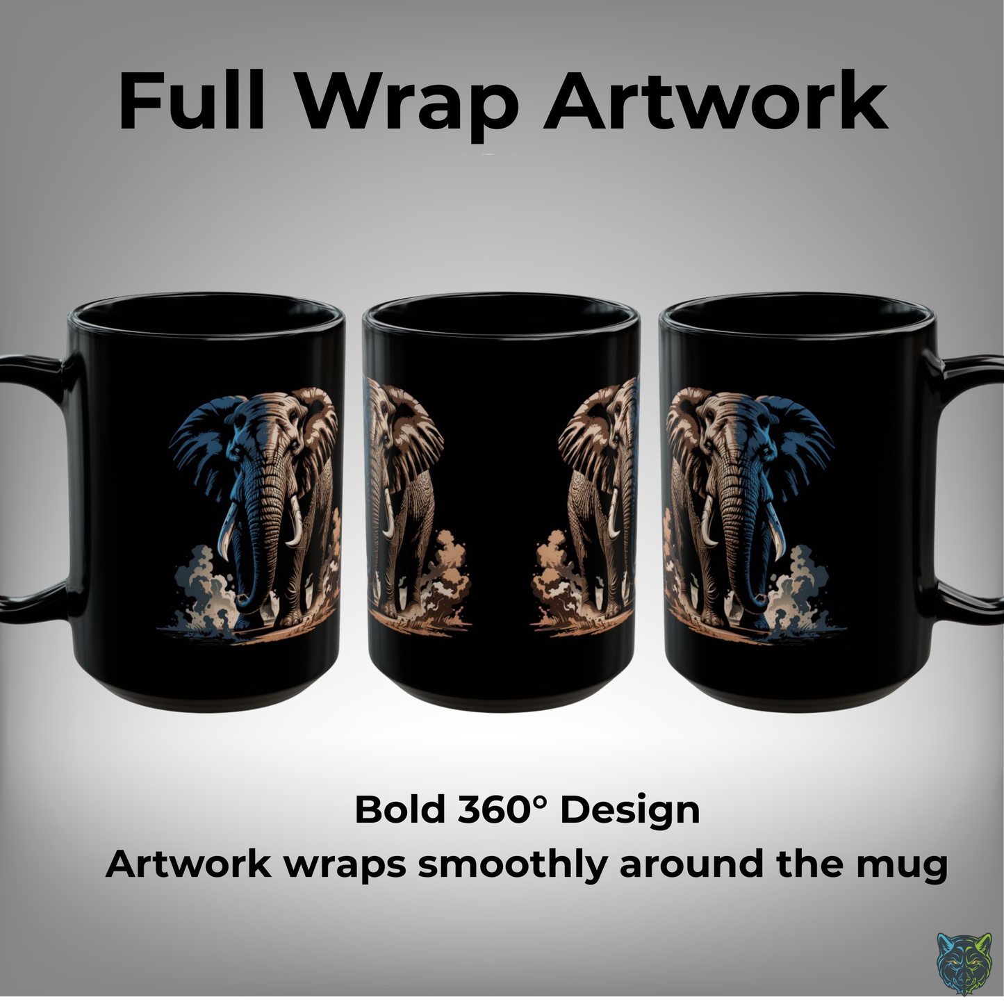Elephant Coffee Mug Safari Wildlife Design Black Ceramic 15oz Animal Lover Gift by Lair Gadgets