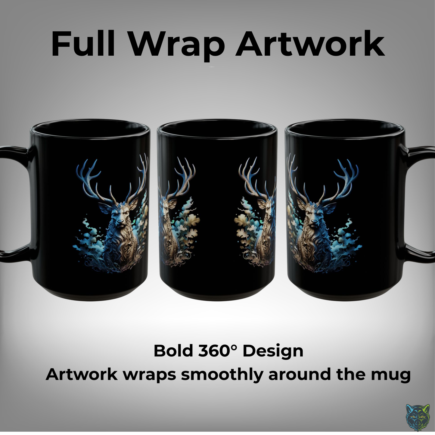 Deer Coffee Mug Stag Wildlife Design Black Ceramic 15oz Animal Lover Gift by Lair Gadgets