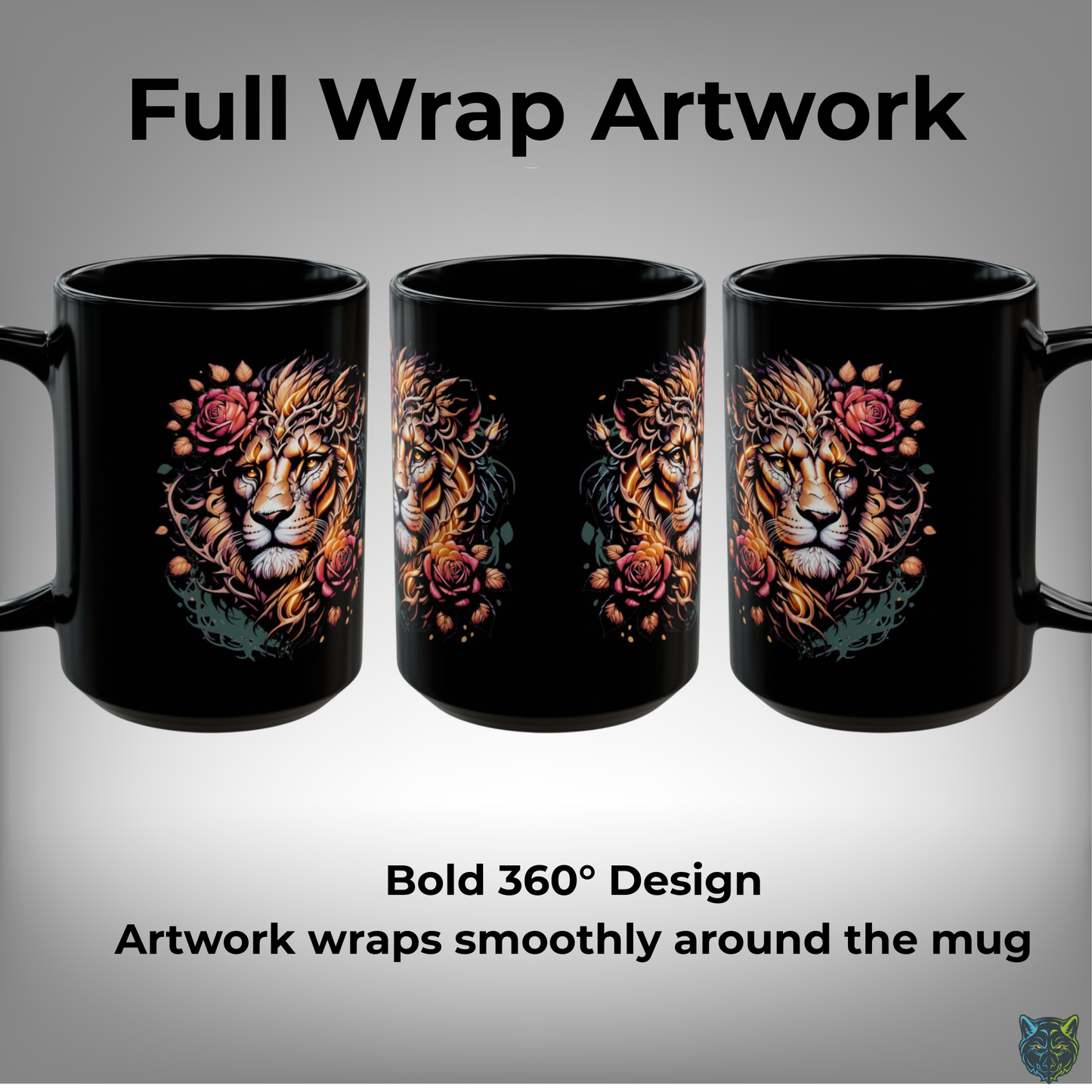 Lion Coffee Mug Floral Lion Head Black Ceramic 15oz Wildlife Strength Cup Gift by Lair Gadgets